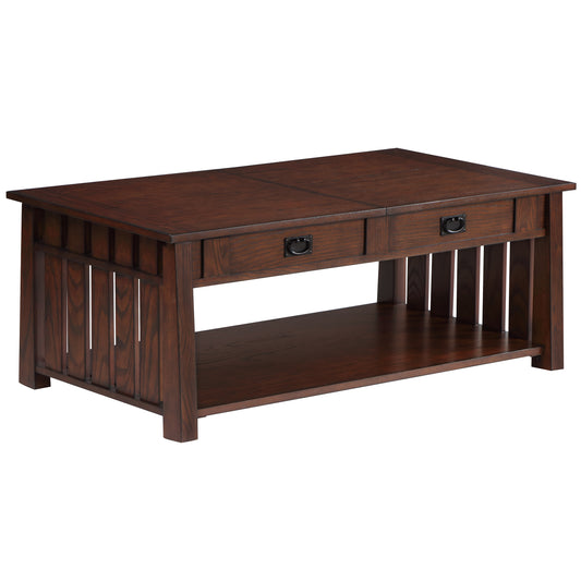 Right angled farmhouse mission style dark oak two-drawer coffee table with a sliding/lift top on a white background