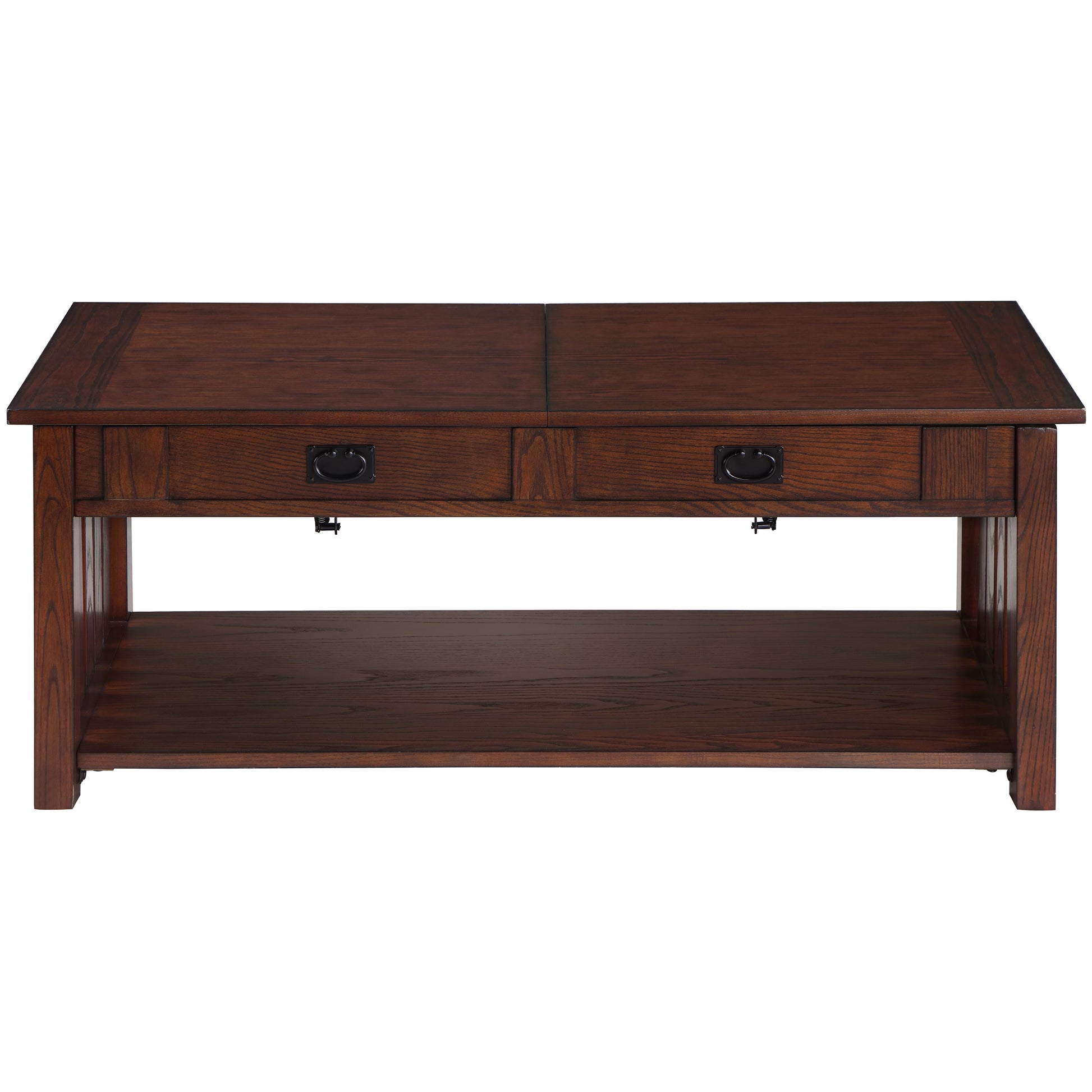 Front-facing farmhouse mission style dark oak two-drawer coffee table with a sliding/lift top on a white background