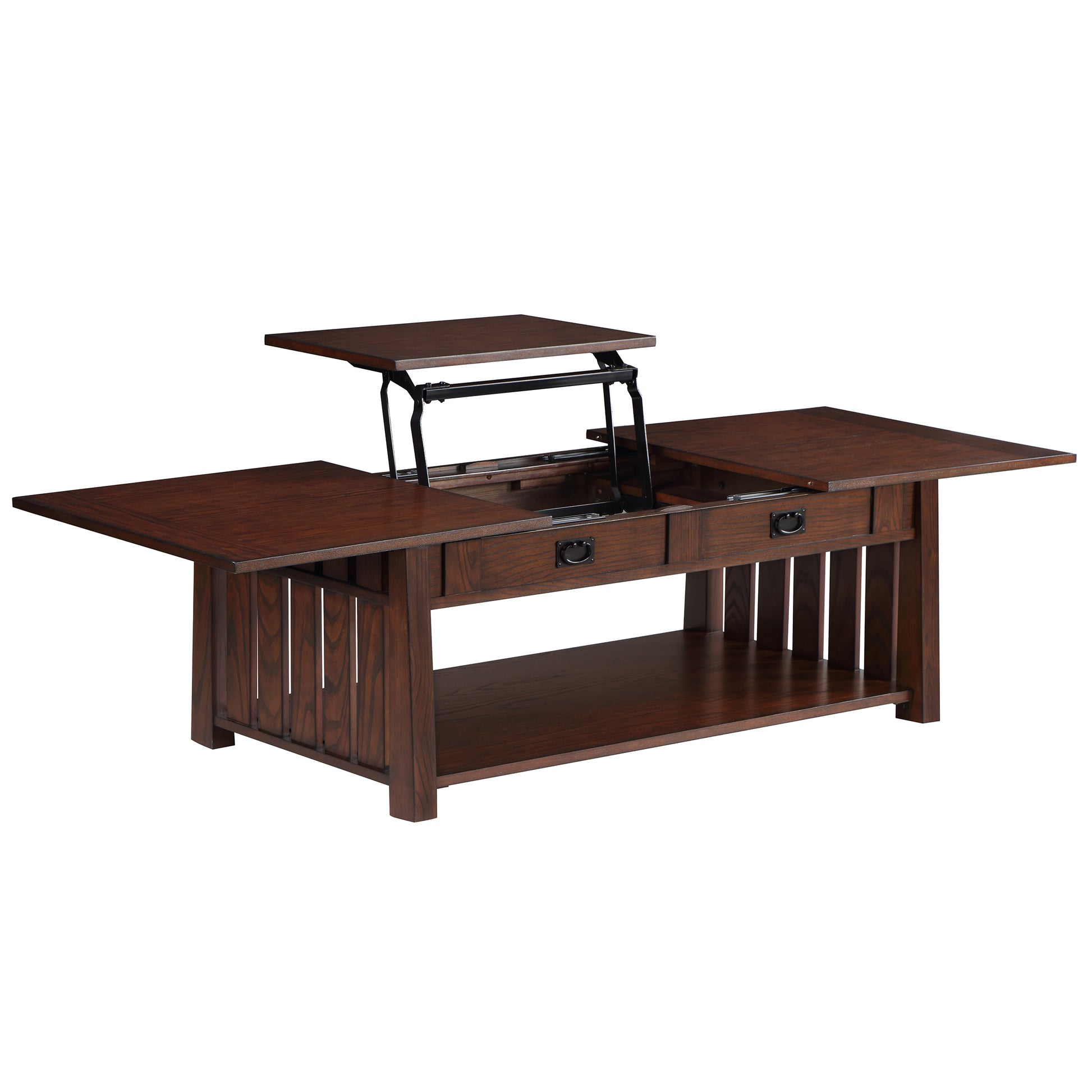 Right angled farmhouse mission style dark oak two-drawer coffee table with a sliding/lift top open on a white background