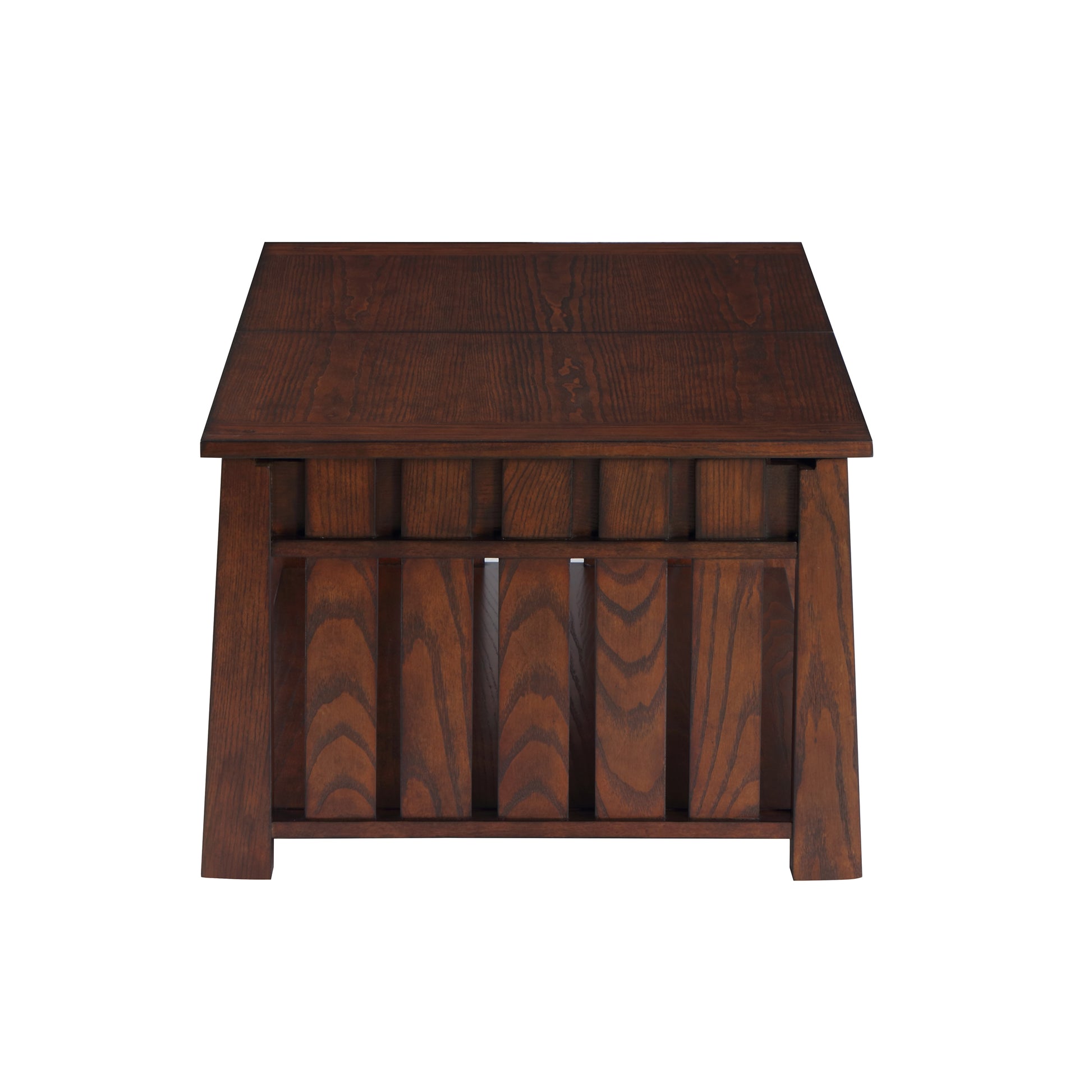 Front-facing side view of a farmhouse mission style dark oak two-drawer coffee table with a sliding/lift top on a white background