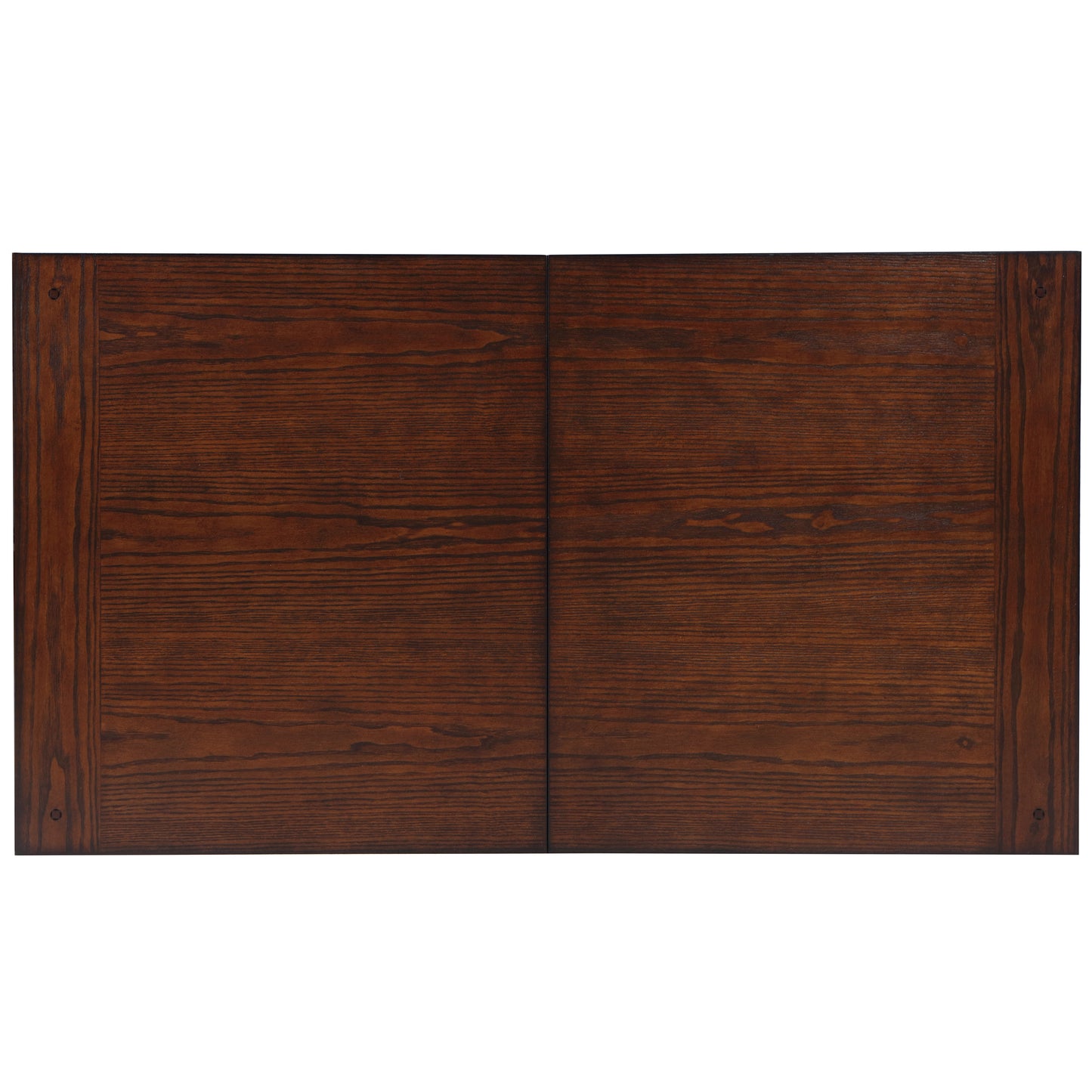Front-facing tabletop view of a farmhouse mission style dark oak two-drawer coffee table with a sliding/lift top on a white background