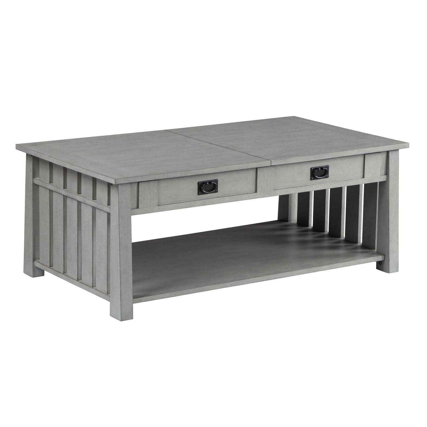 Right angled farmhouse mission style antique gray two-drawer coffee table with a sliding/lift top on a white background