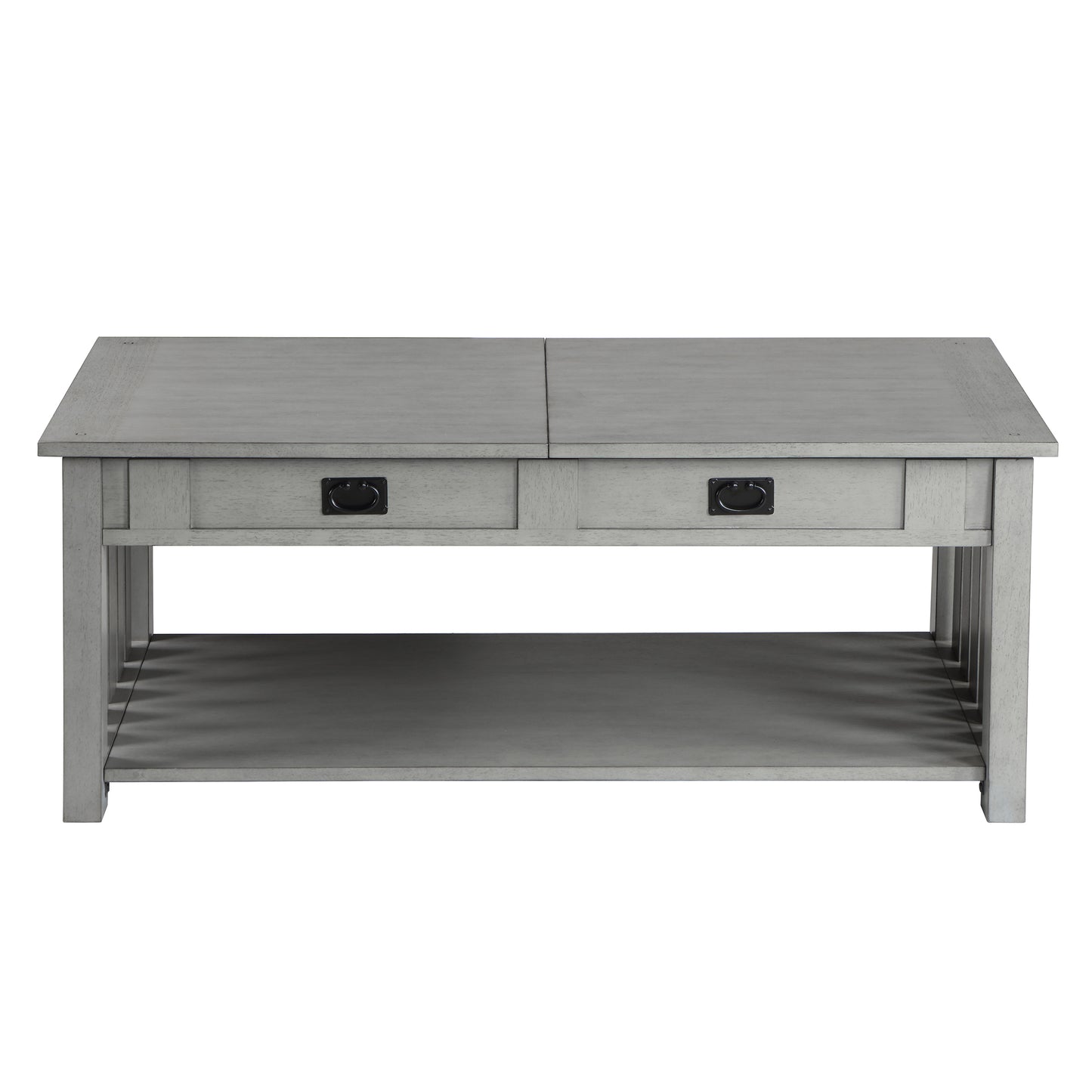 Front-facing farmhouse mission style antique gray two-drawer coffee table with a sliding/lift top on a white background