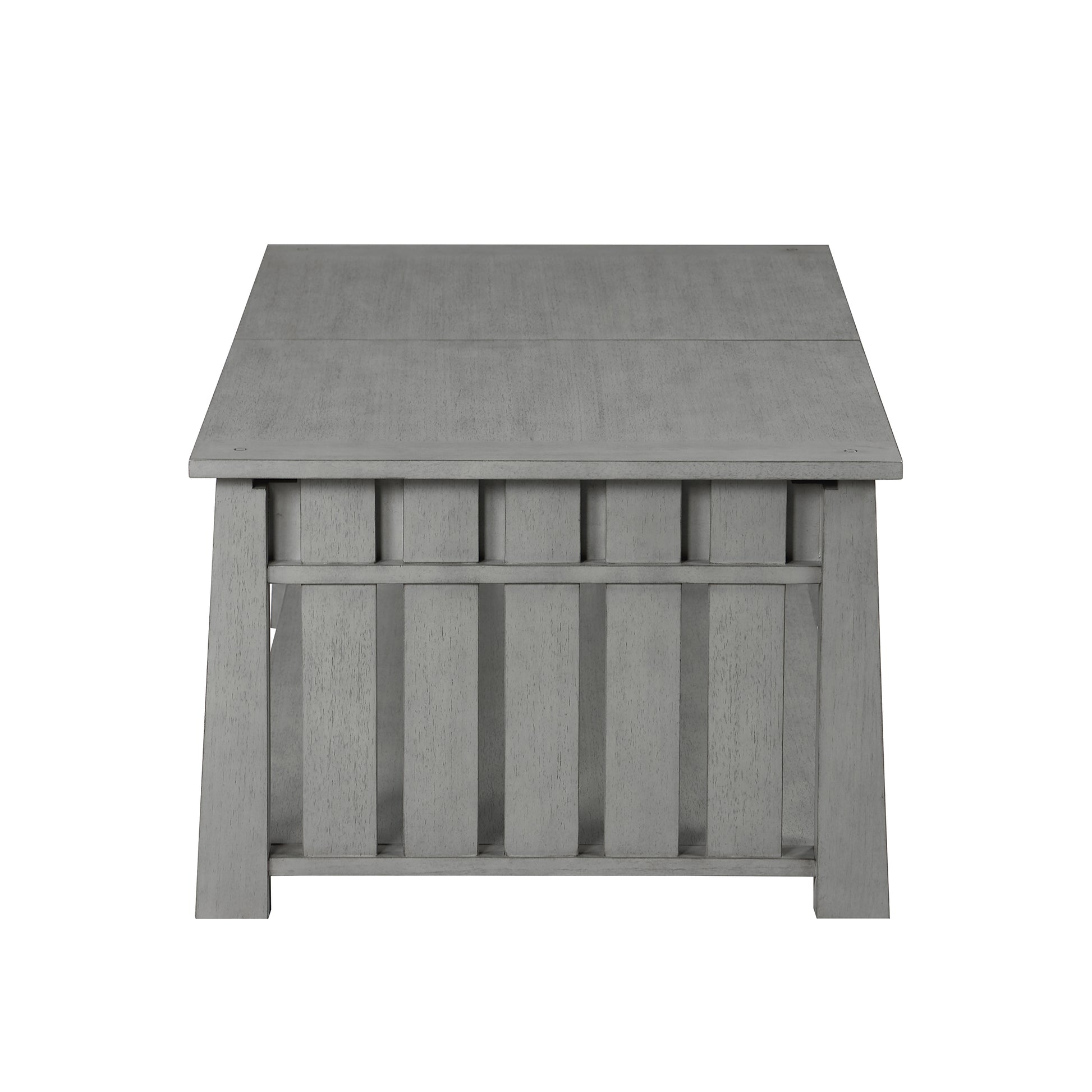 Front-facing side view of a farmhouse mission style antique gray two-drawer coffee table with a sliding/lift top on a white background