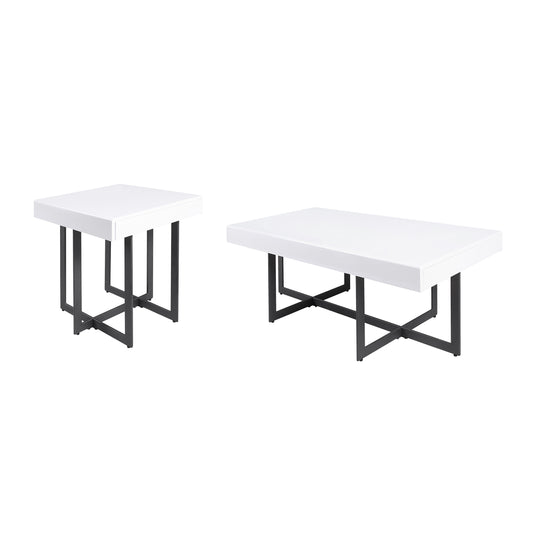 Angled two-piece modern white high gloss and gunmetal storage coffee table set with hidden drawers on a white background