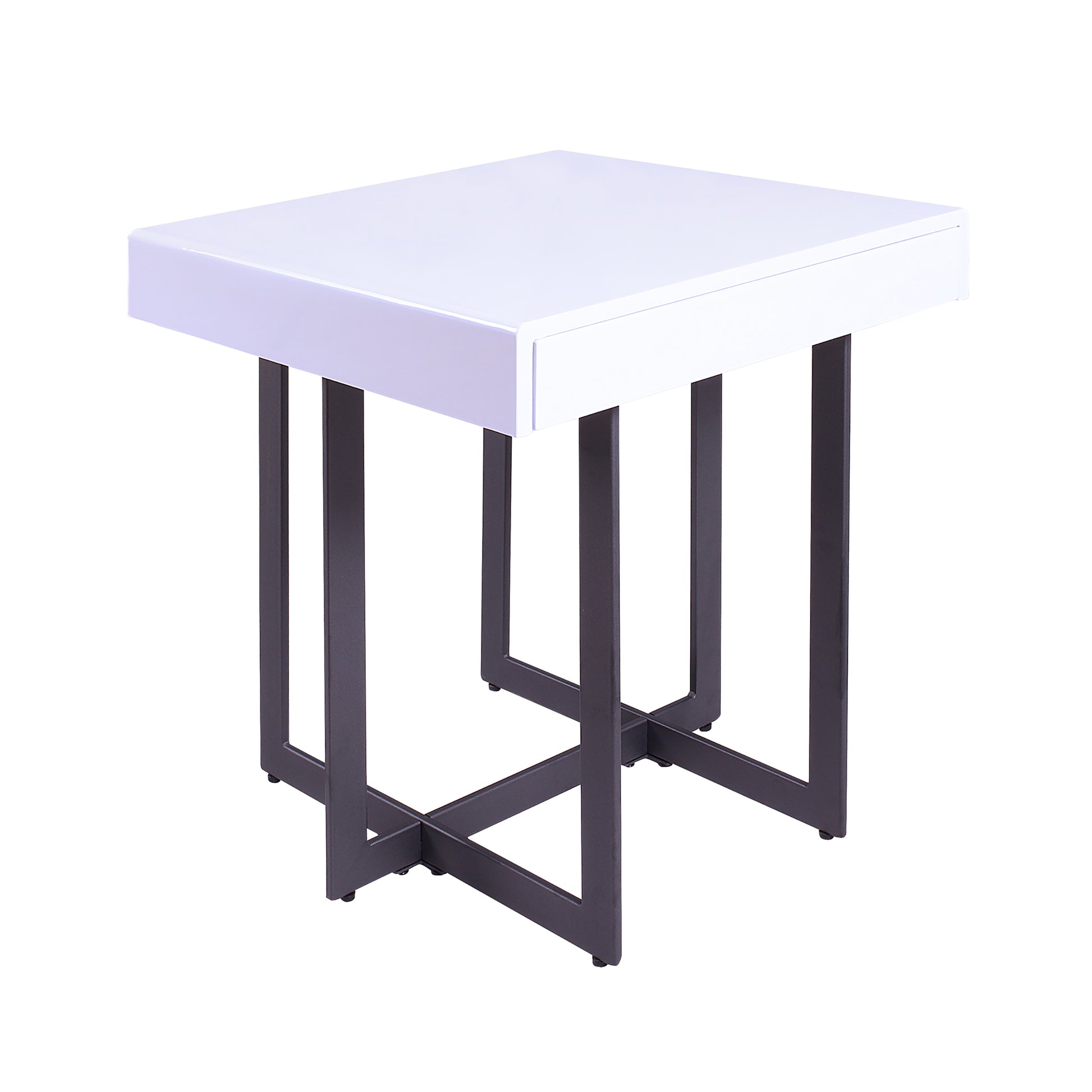 Right angled end table only from a two-piece modern white high gloss and gunmetal storage coffee table set with hidden drawers on a white background
