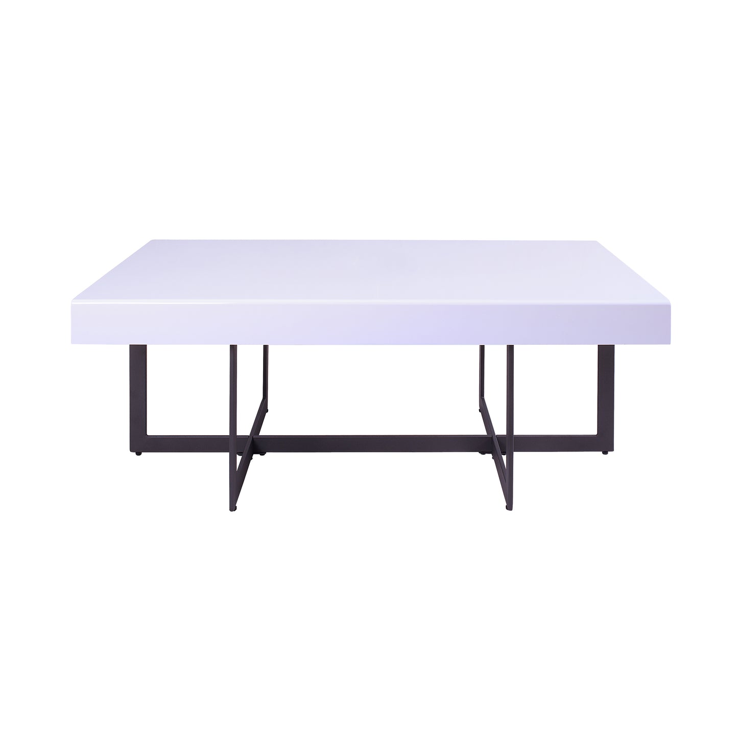 Front-facing coffee table only from a two-piece modern white high gloss and gunmetal storage coffee table set with hidden drawers on a white background