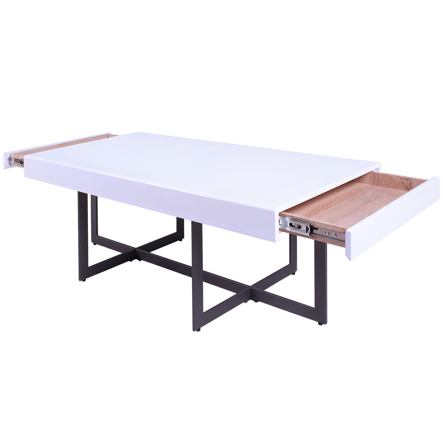 Left angled coffee table only from a two-piece modern white high gloss and gunmetal storage coffee table set with hidden drawers open on a white background