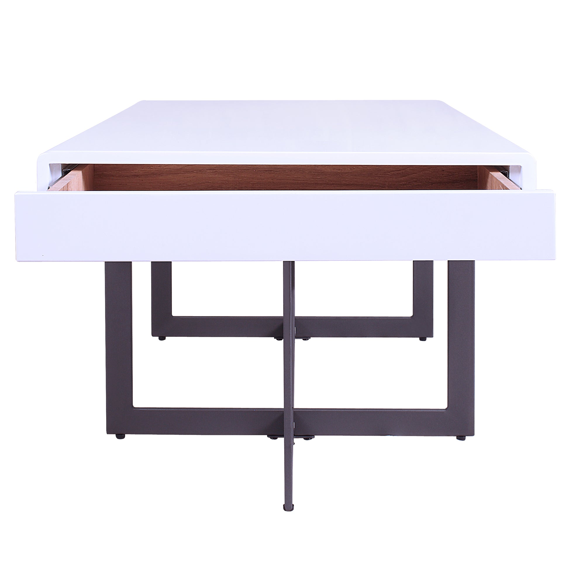 Front-facing coffee table only side view from a two-piece modern white high gloss and gunmetal storage coffee table set with hidden drawer open on a white background