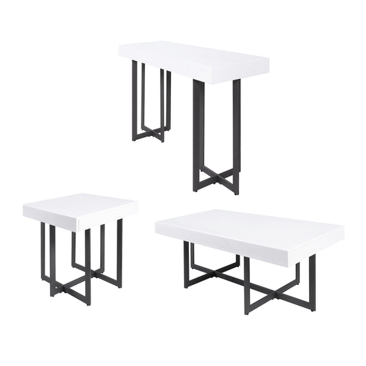 Angled three-piece modern white high gloss and gunmetal storage coffee table set with hidden drawers on a white background