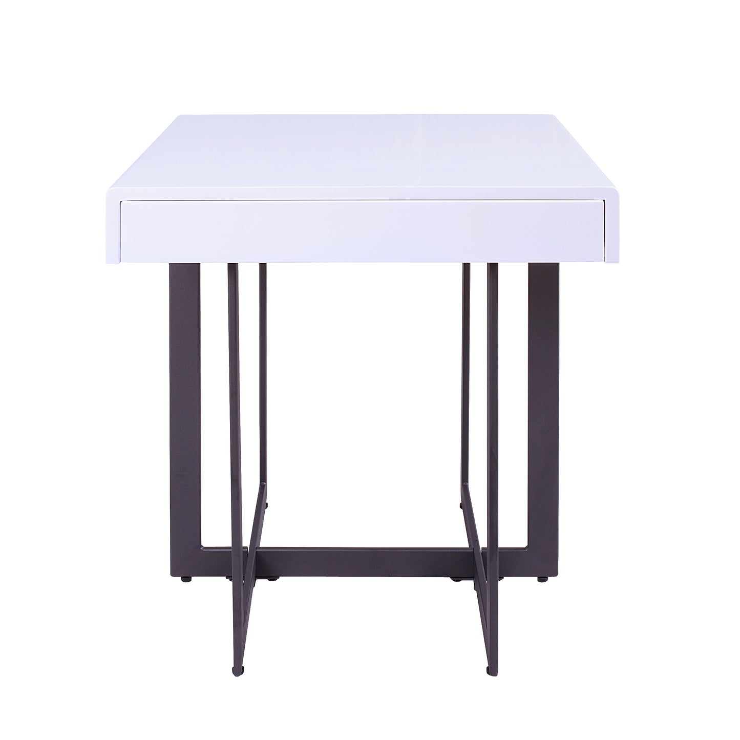 Front-facing end table only from a three-piece modern white high gloss and gunmetal storage coffee table set with hidden drawer open on a white background