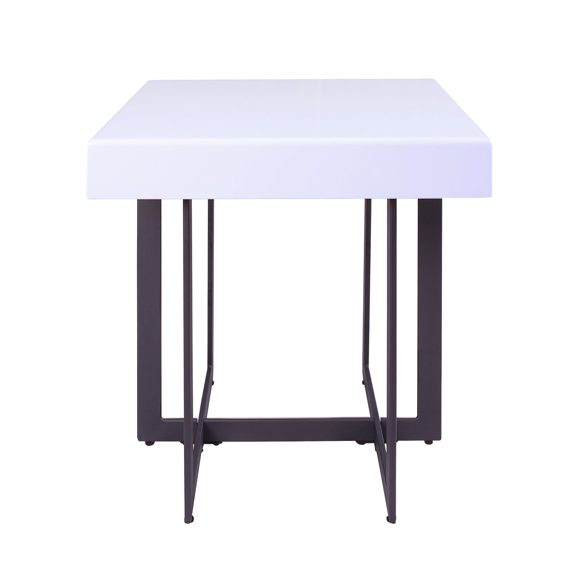 Front-facing end table only back view from a three-piece modern white high gloss and gunmetal storage coffee table set with hidden drawer open on a white background