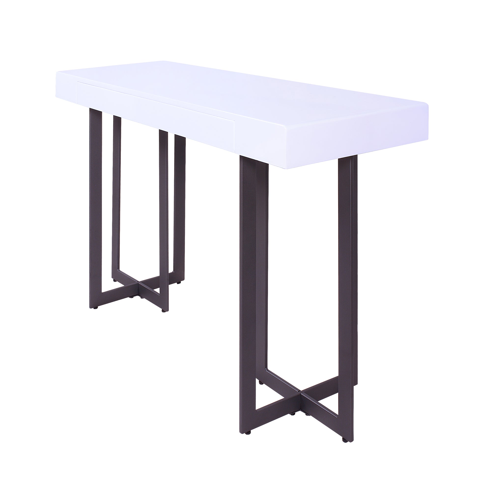 Left angled console table only from a three-piece modern white high gloss and gunmetal storage coffee table set with hidden drawers open on a white background