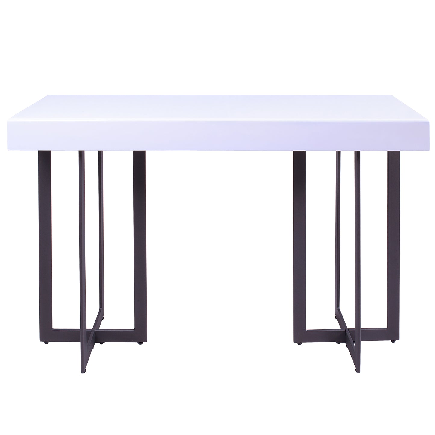 Front-facing console table only back view from a three-piece modern white high gloss and gunmetal storage coffee table set with hidden drawers on a white background