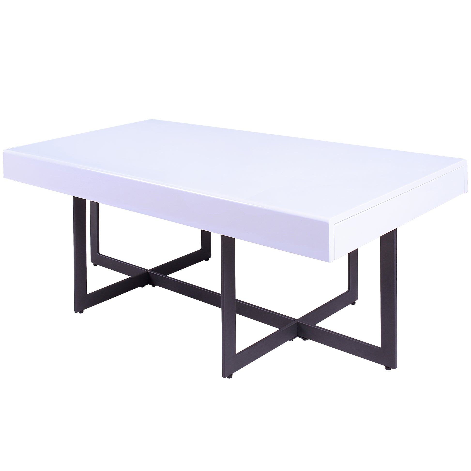 Left angled coffee table only from a three-piece modern white high gloss and gunmetal storage coffee table set with hidden drawers on a white background