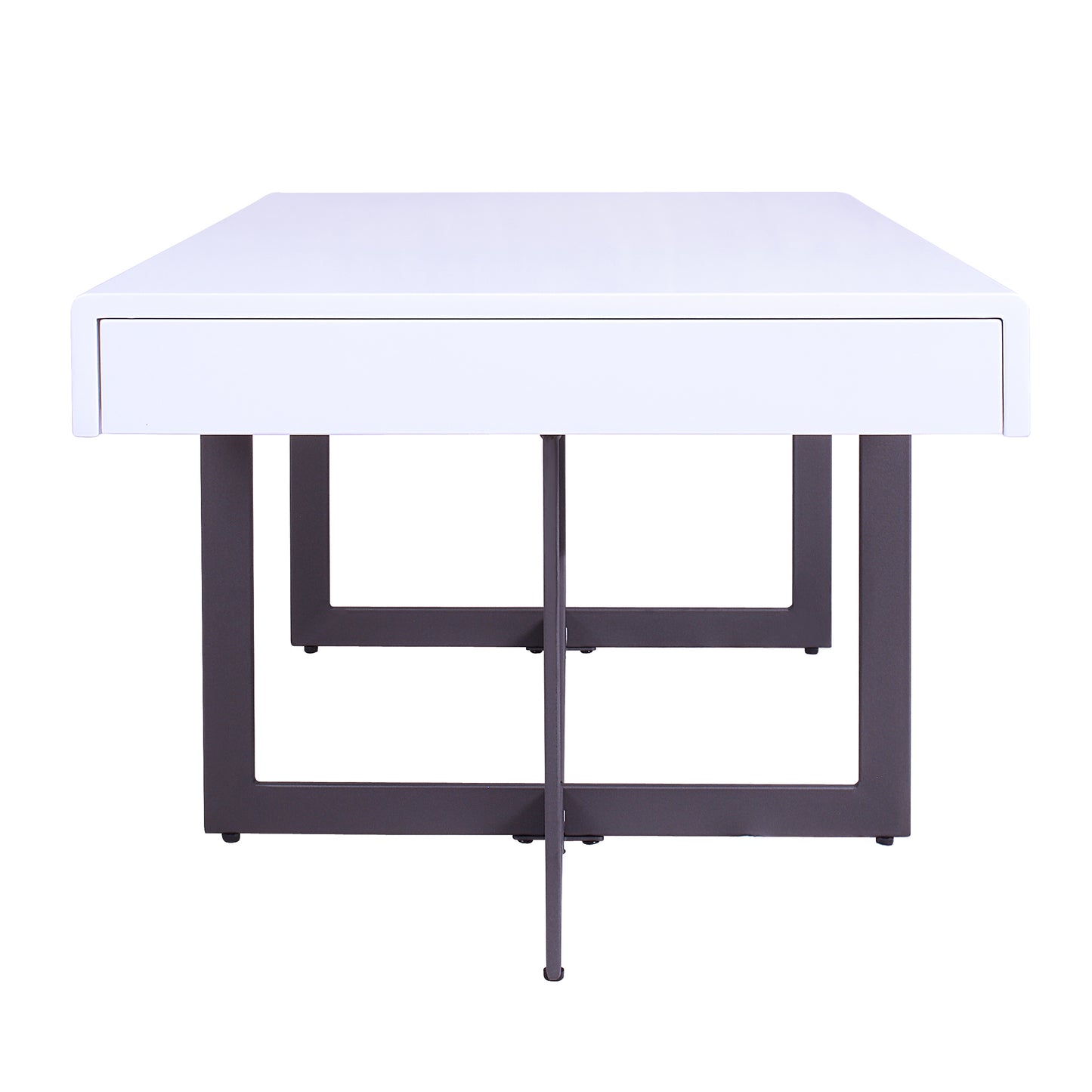 Front-facing coffee table only side view from a three-piece modern white high gloss and gunmetal storage coffee table set with hidden drawers on a white background