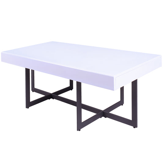 Left angled modern white high gloss and gunmetal storage coffee table with hidden drawers on a white background