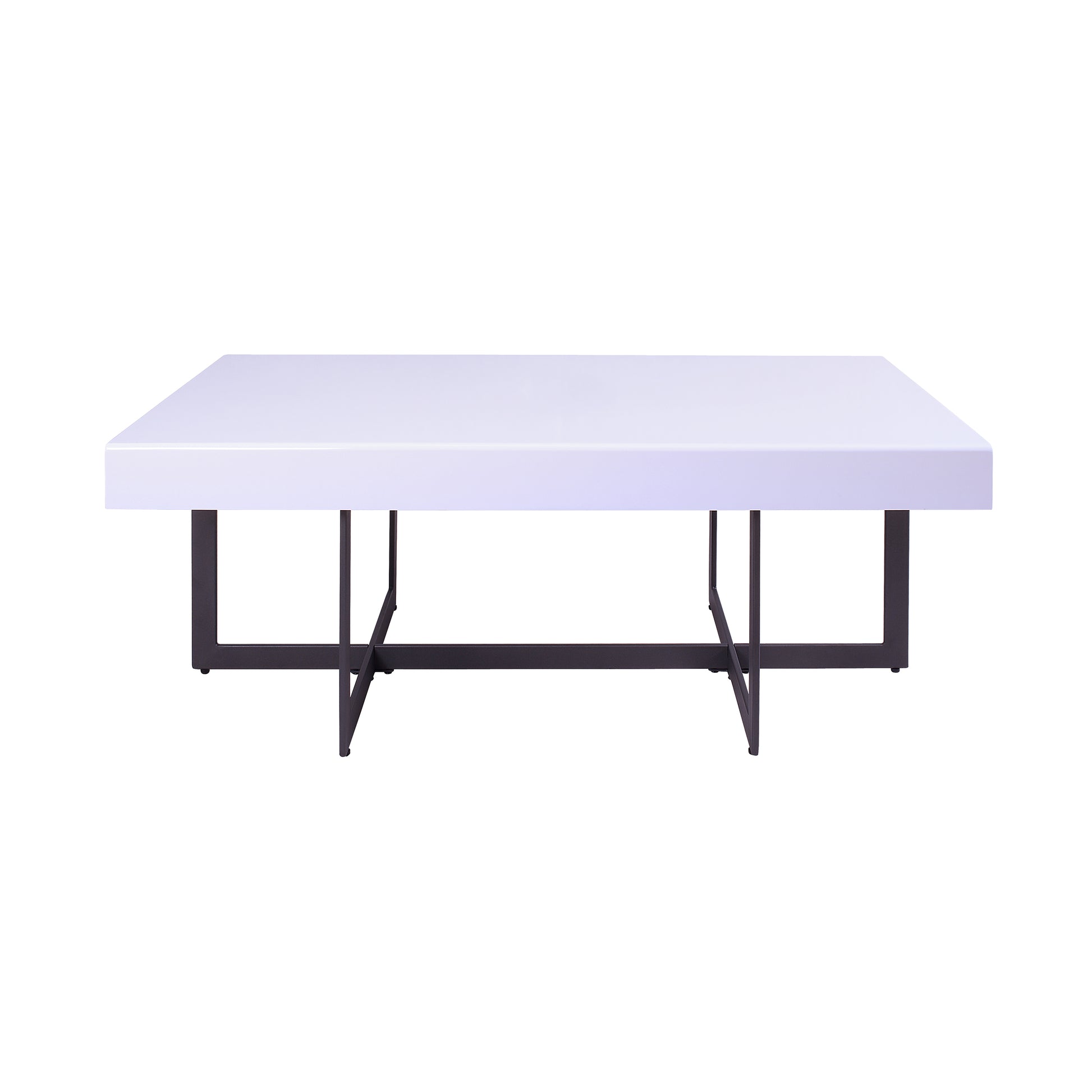 Front-facing side view of a modern white high gloss and gunmetal storage coffee table with hidden drawers on a white background
