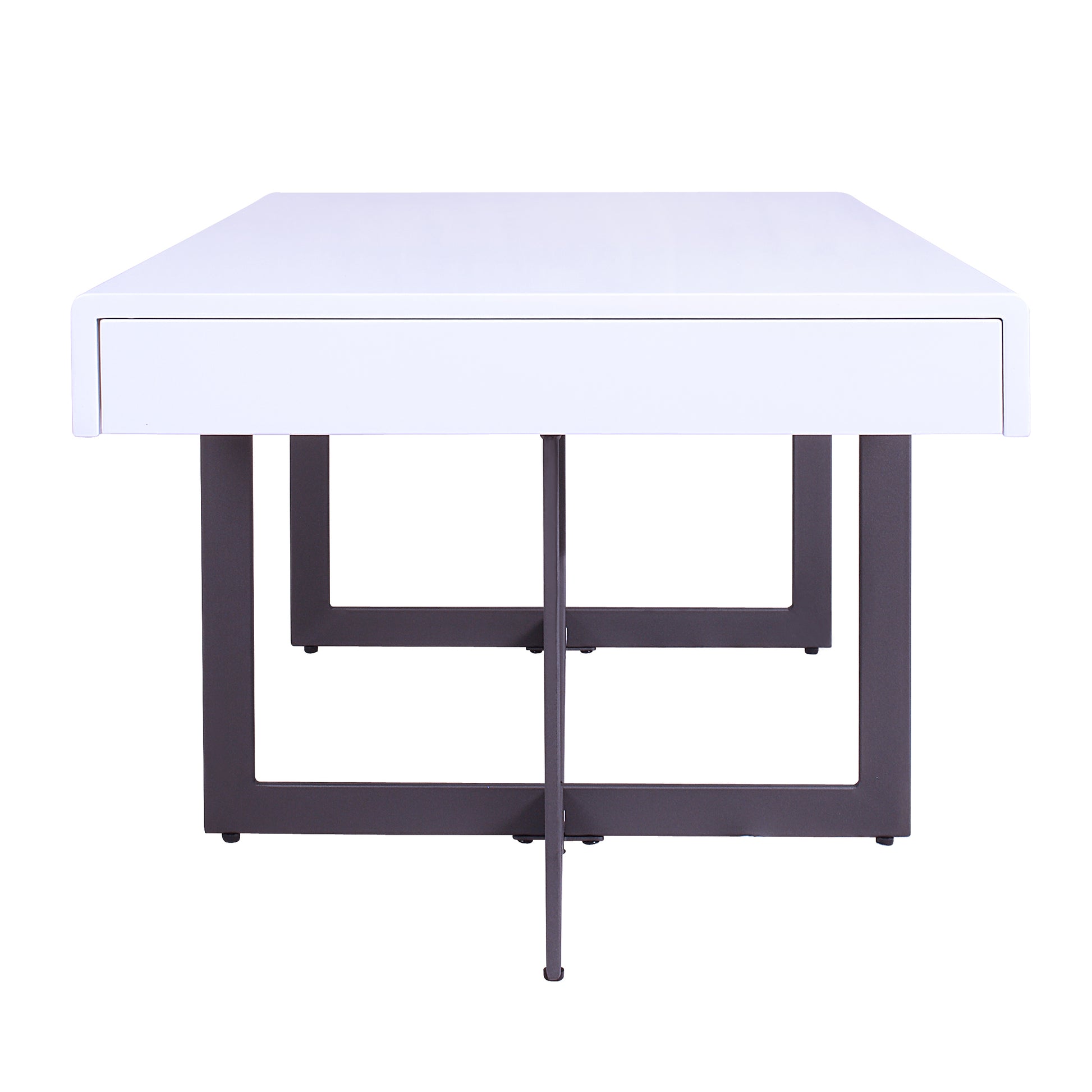 Front-facing side view of a modern white high gloss and gunmetal storage coffee table with hidden drawers on a white background