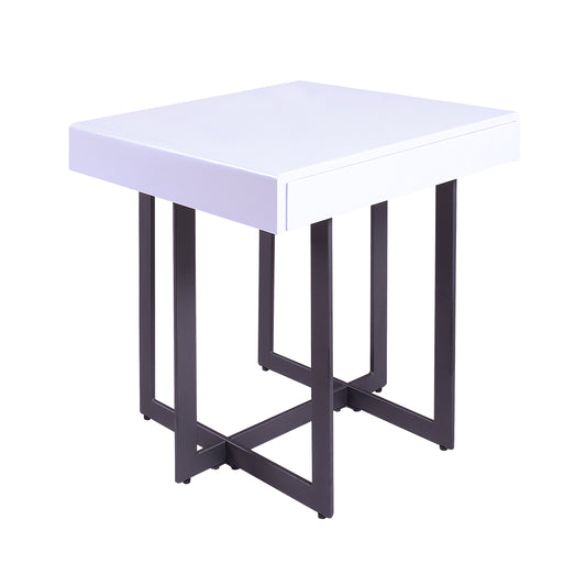 Right angled modern white high gloss and gunmetal storage end table with a hidden drawer on a white background