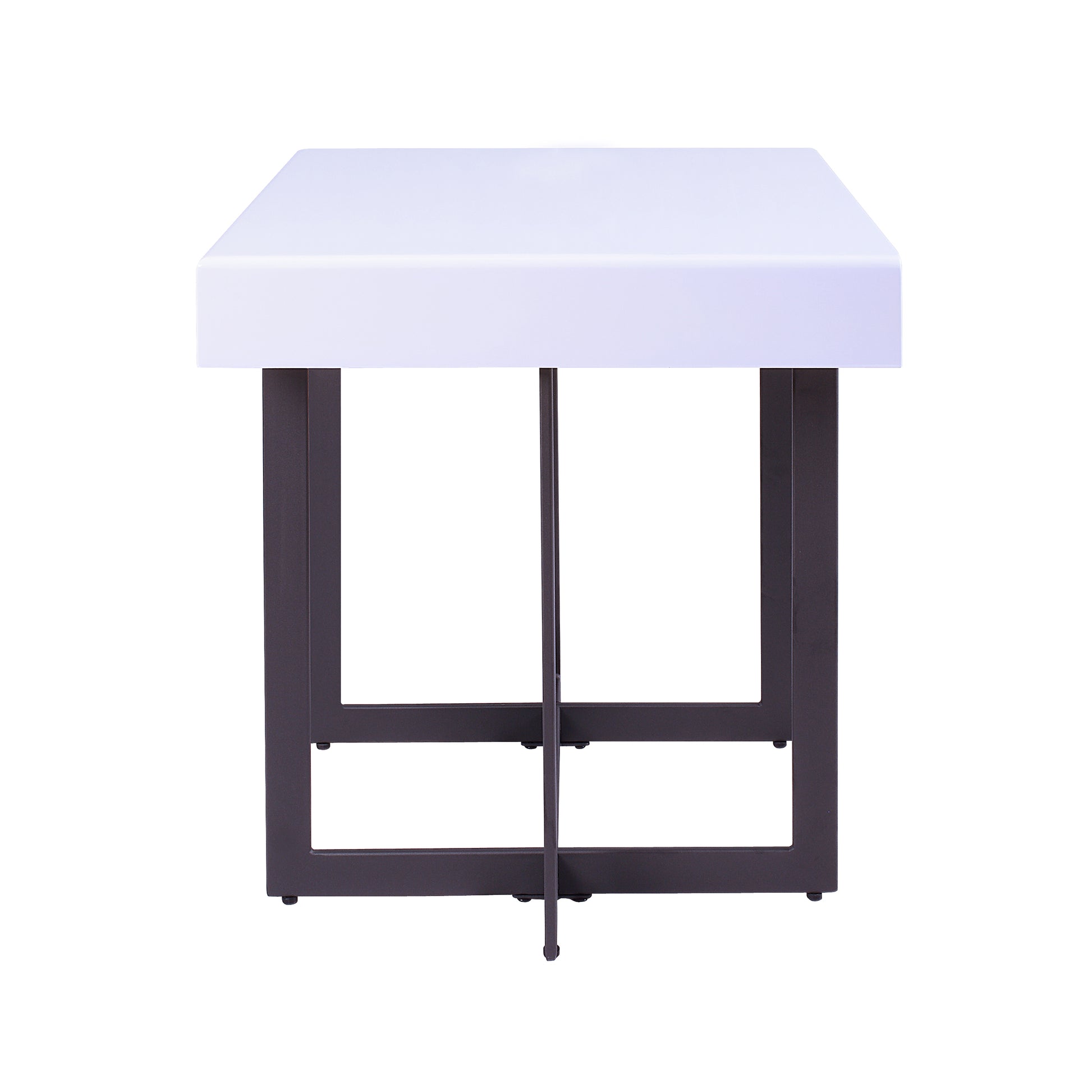 Front-facing side view of a modern white high gloss and gunmetal storage end table with a hidden drawer on a white background