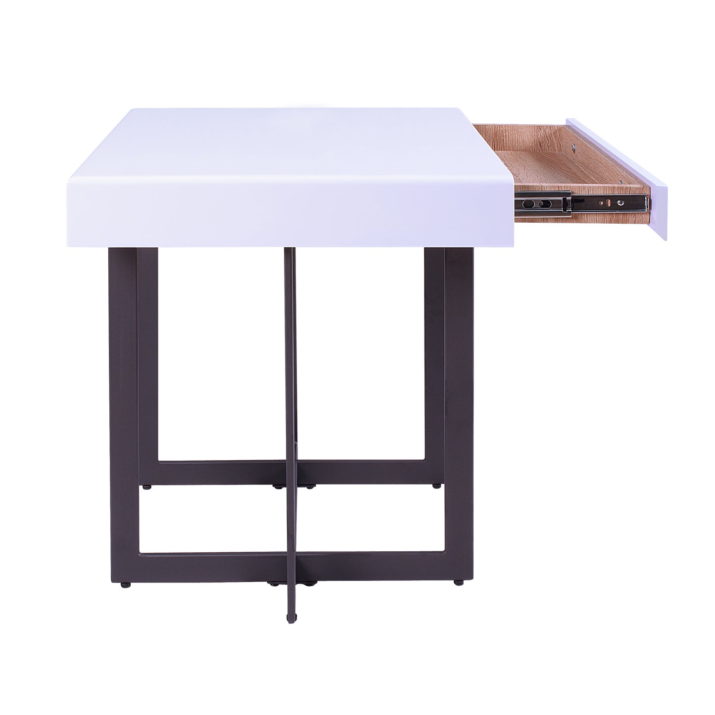 Front-facing side view of a modern white high gloss and gunmetal storage end table with a hidden drawer open on a white background