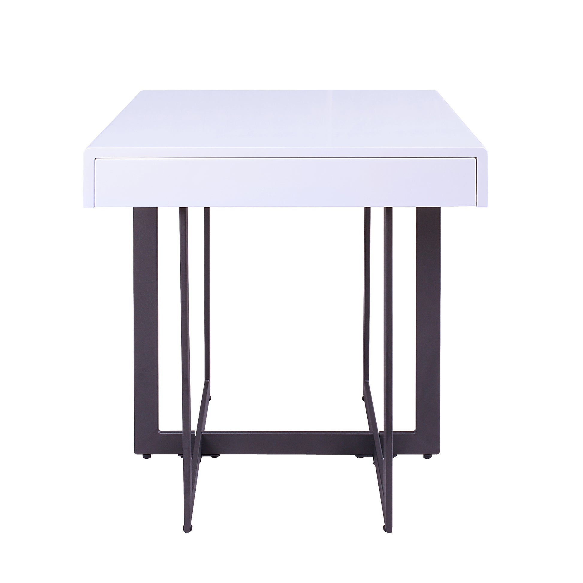 Front-facing modern white high gloss and gunmetal storage end table with a hidden drawer on a white background