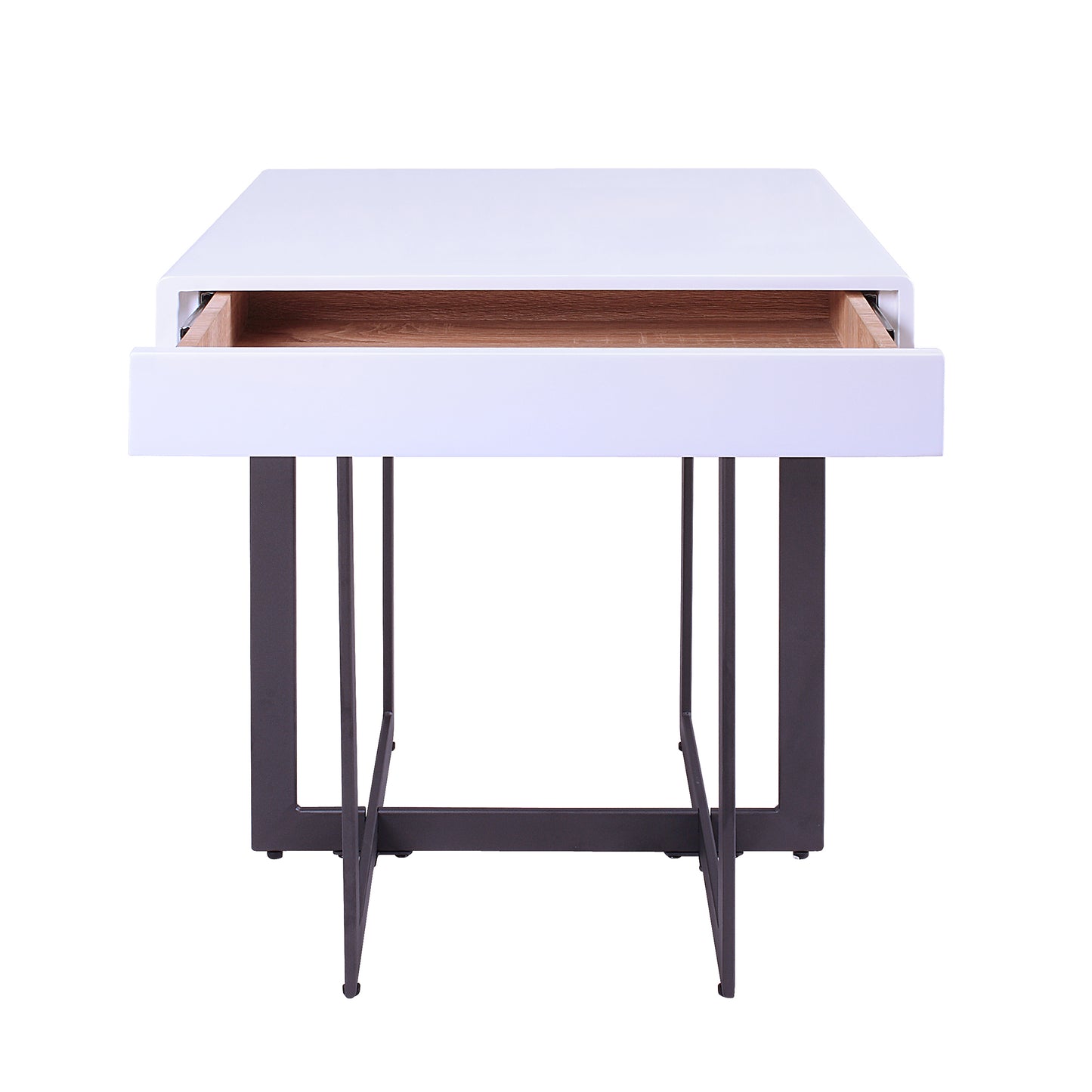 Front-facing modern white high gloss and gunmetal storage end table with a hidden drawer open on a white background