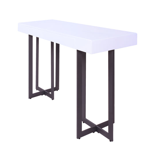 Left angled modern white high gloss and gunmetal storage console table with a hidden drawer on a white background