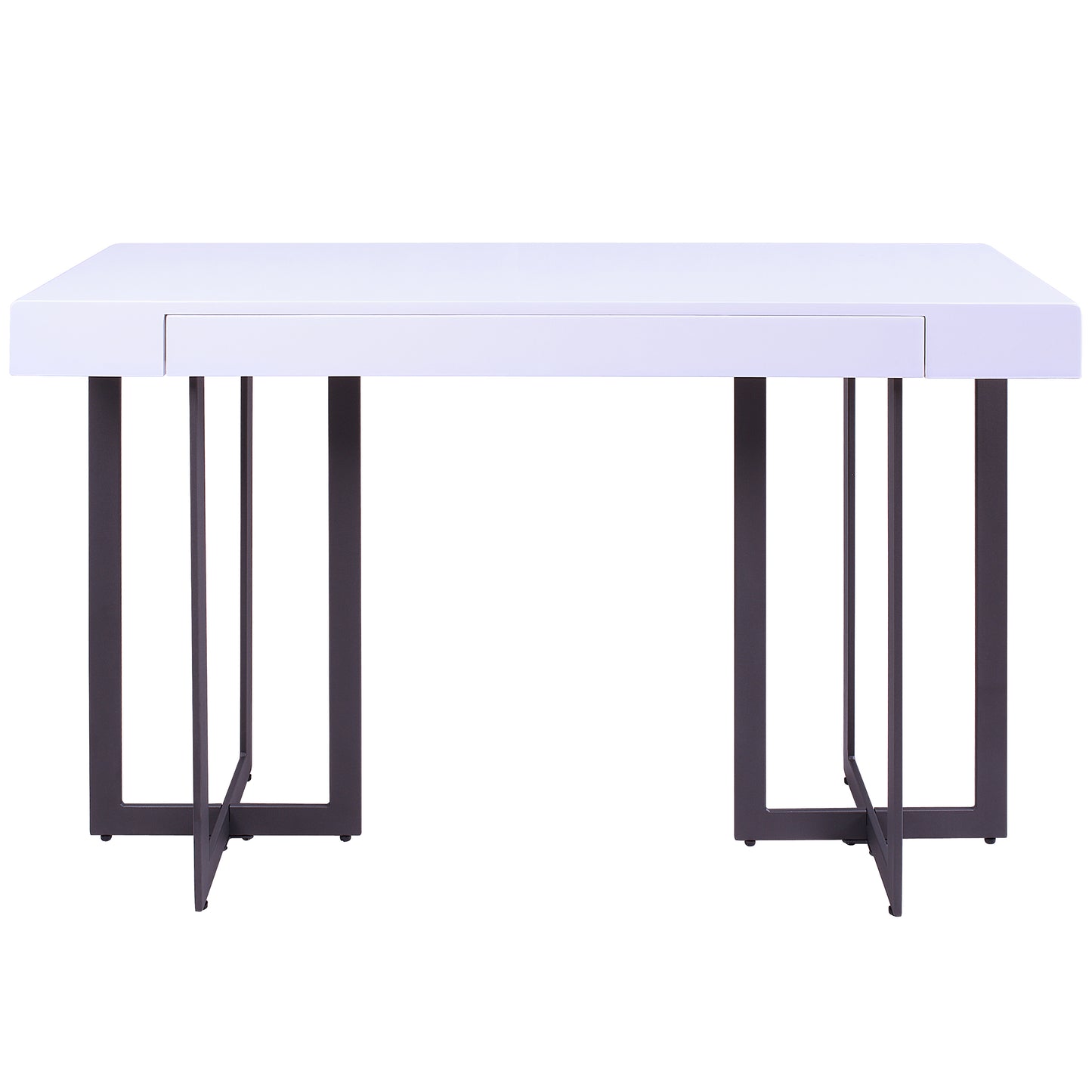 Front-facing modern white high gloss and gunmetal storage console table with a hidden drawer on a white background