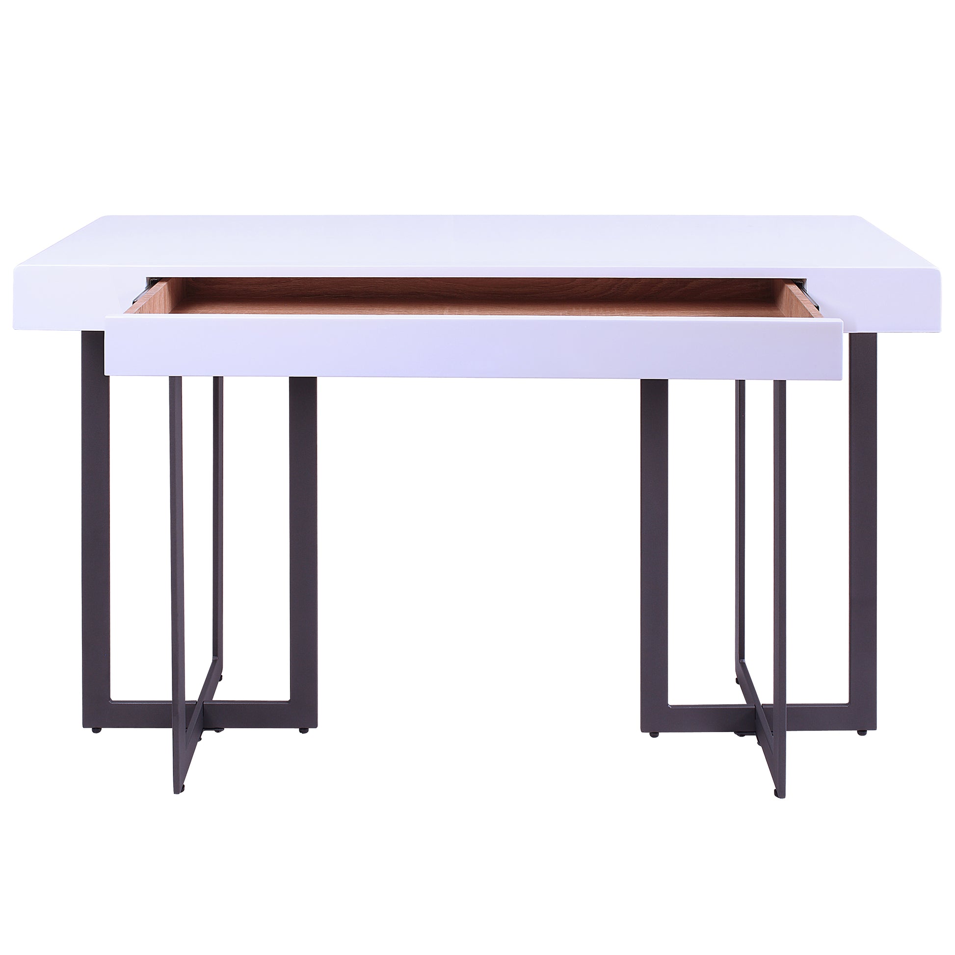 Front-facing modern white high gloss and gunmetal storage console table with a hidden drawer open on a white background