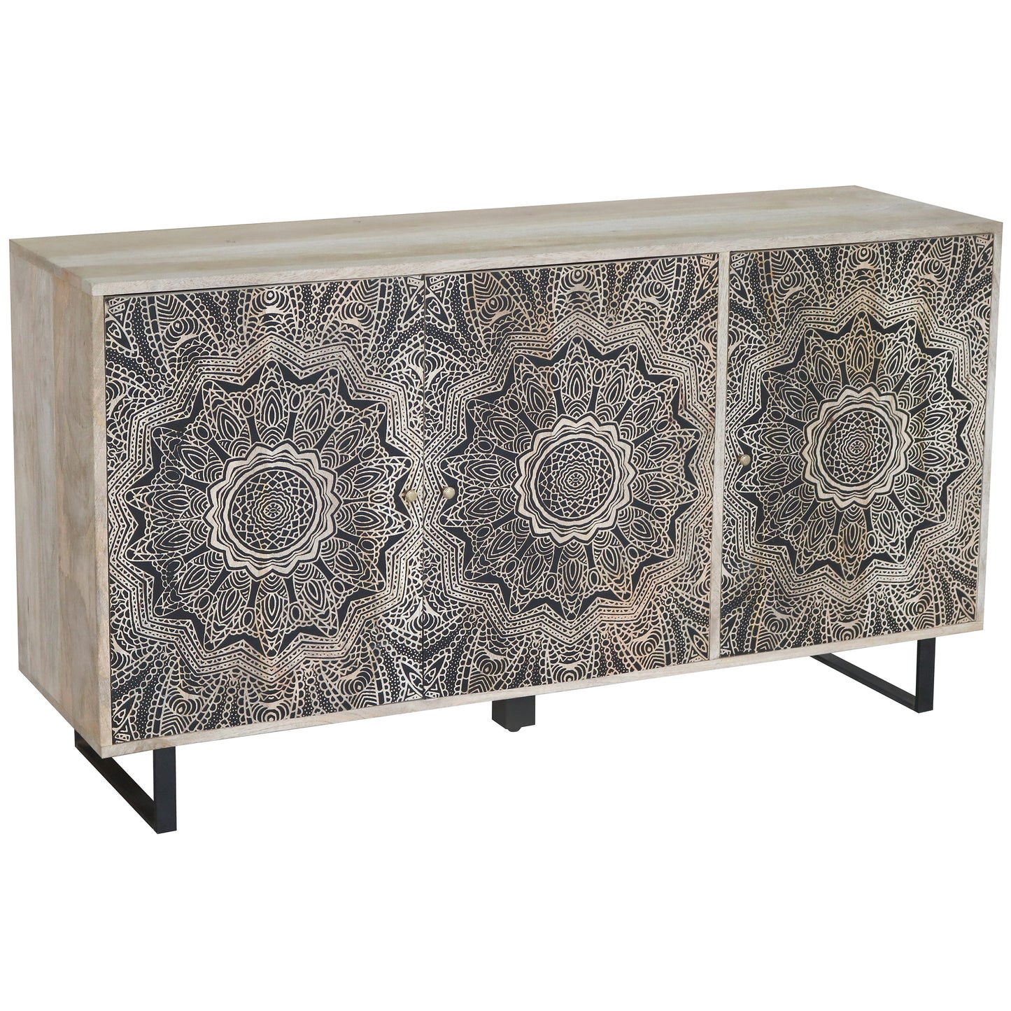Right angled farmhouse natural and black three-door accent cabinet with medallion designs on a white background