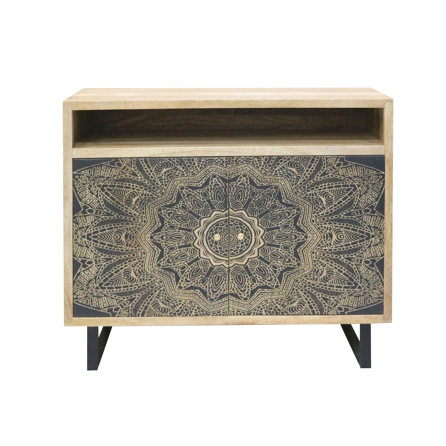 Front-facing farmhouse natural and black two-door accent cabinet with medallion designs on a white background