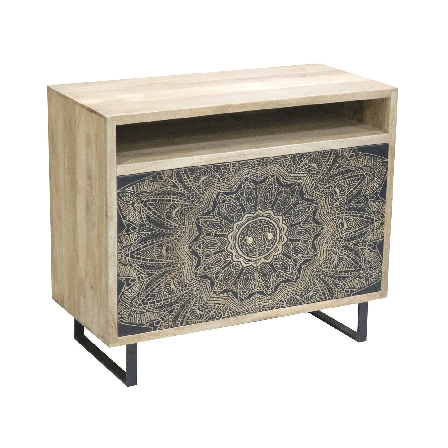Right angled farmhouse natural and black two-door accent cabinet with medallion designs on a white background