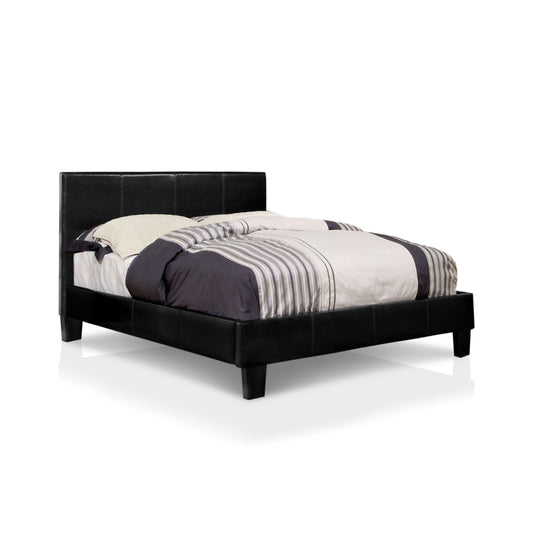 Right angled contemporary espresso faux leather platform bed with linens on a white background
