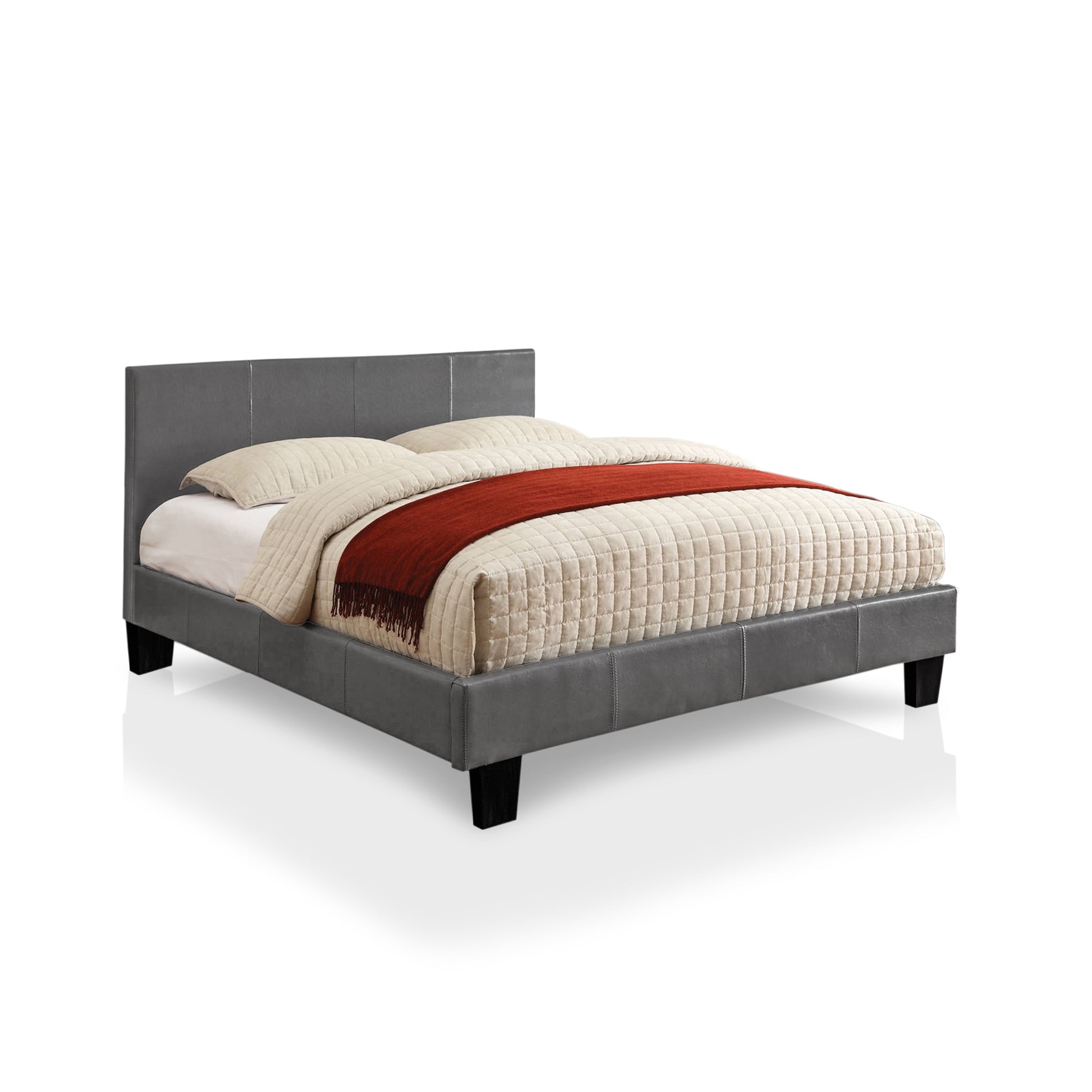 Right angled contemporary gray faux leather full platform bed with linens on a white background