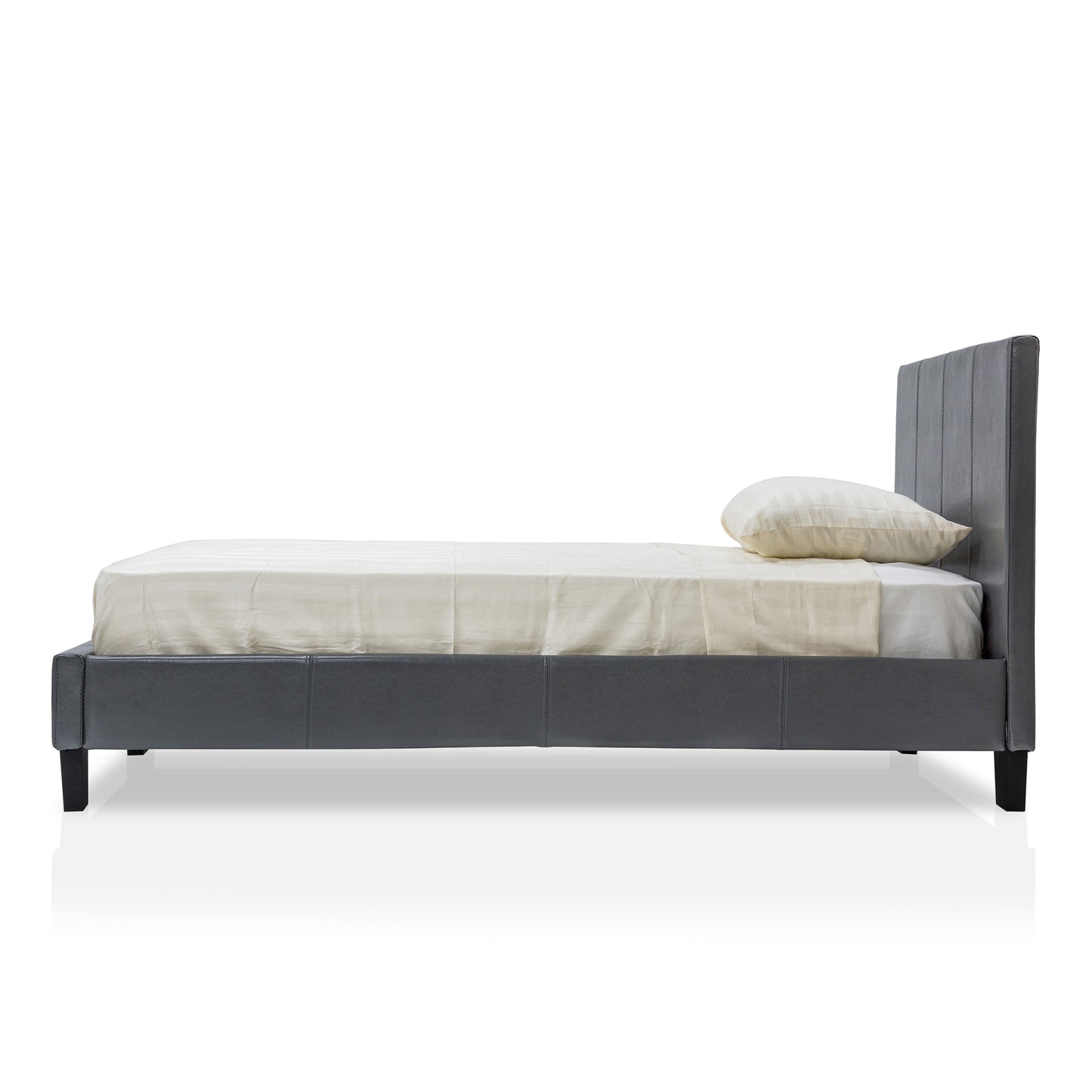Front-facing side view of a contemporary gray faux leather full platform bed with linens on a white background