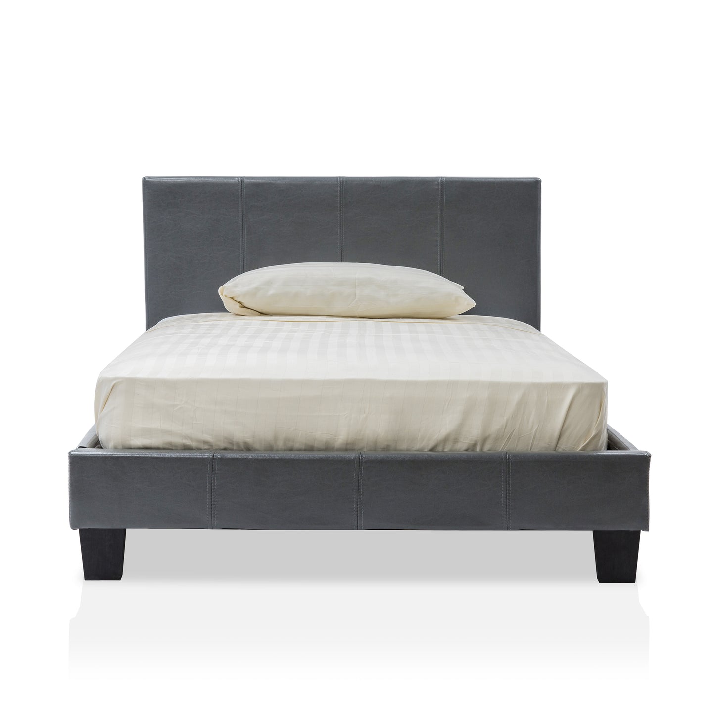 Front-facing contemporary gray faux leather full platform bed with linens on a white background