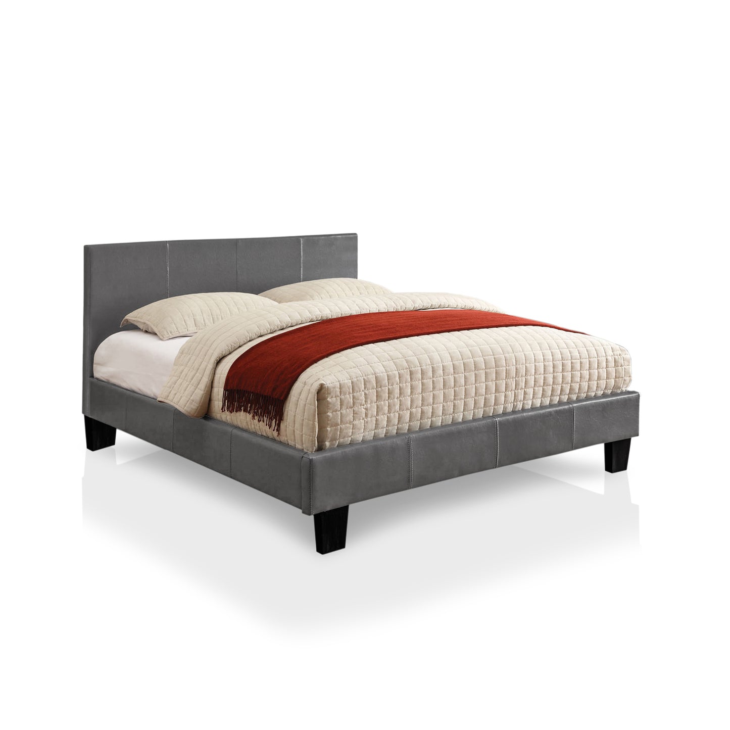 Right angled contemporary gray faux leather twin platform bed with linens on a white background