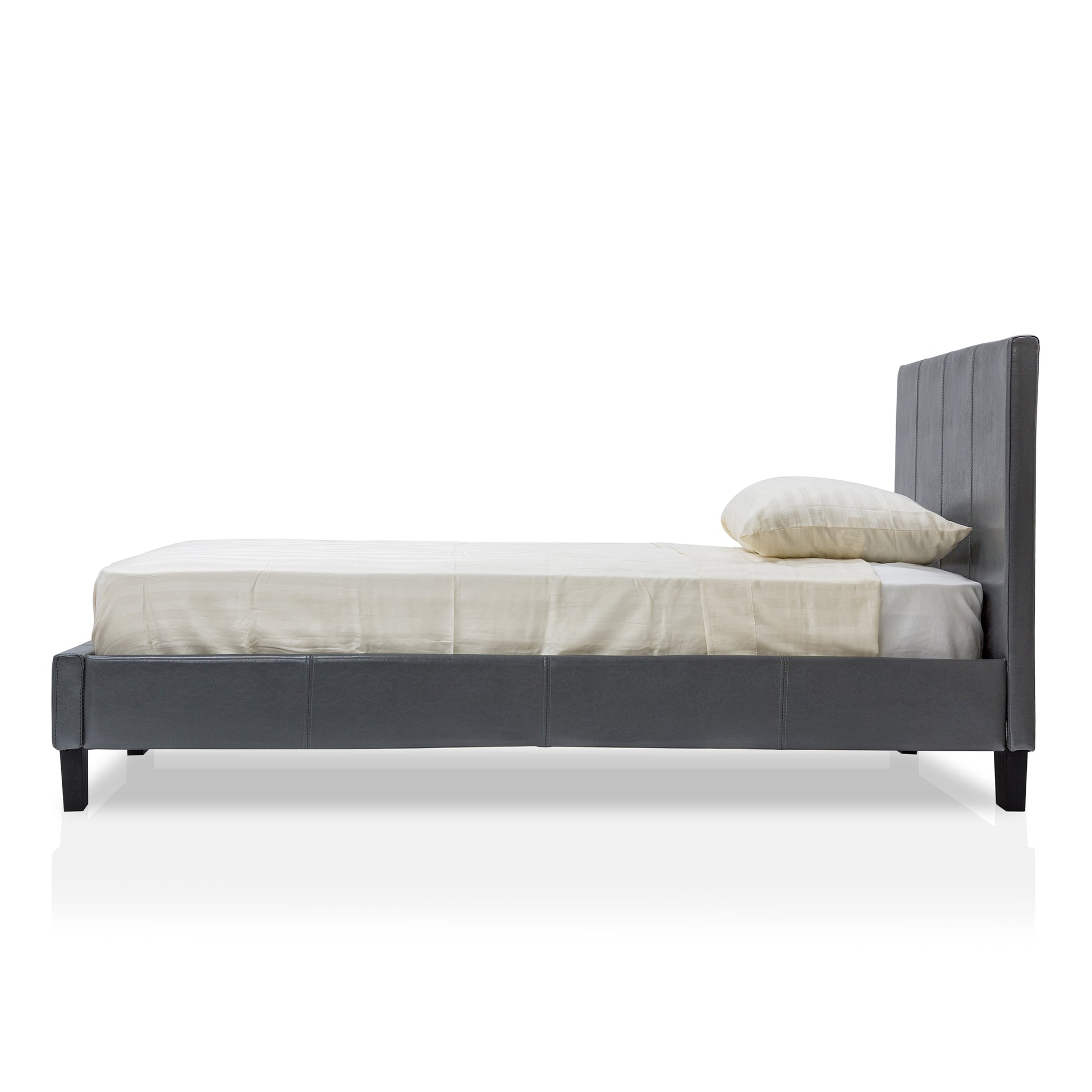 Front-facing side view of a contemporary gray faux leather twin platform bed with linens on a white background