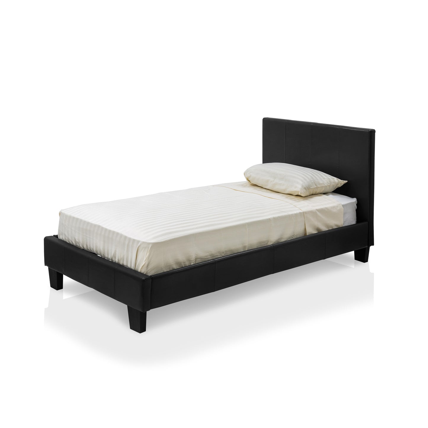 Left angled contemporary espresso faux leather twin platform bed with linens on a white background