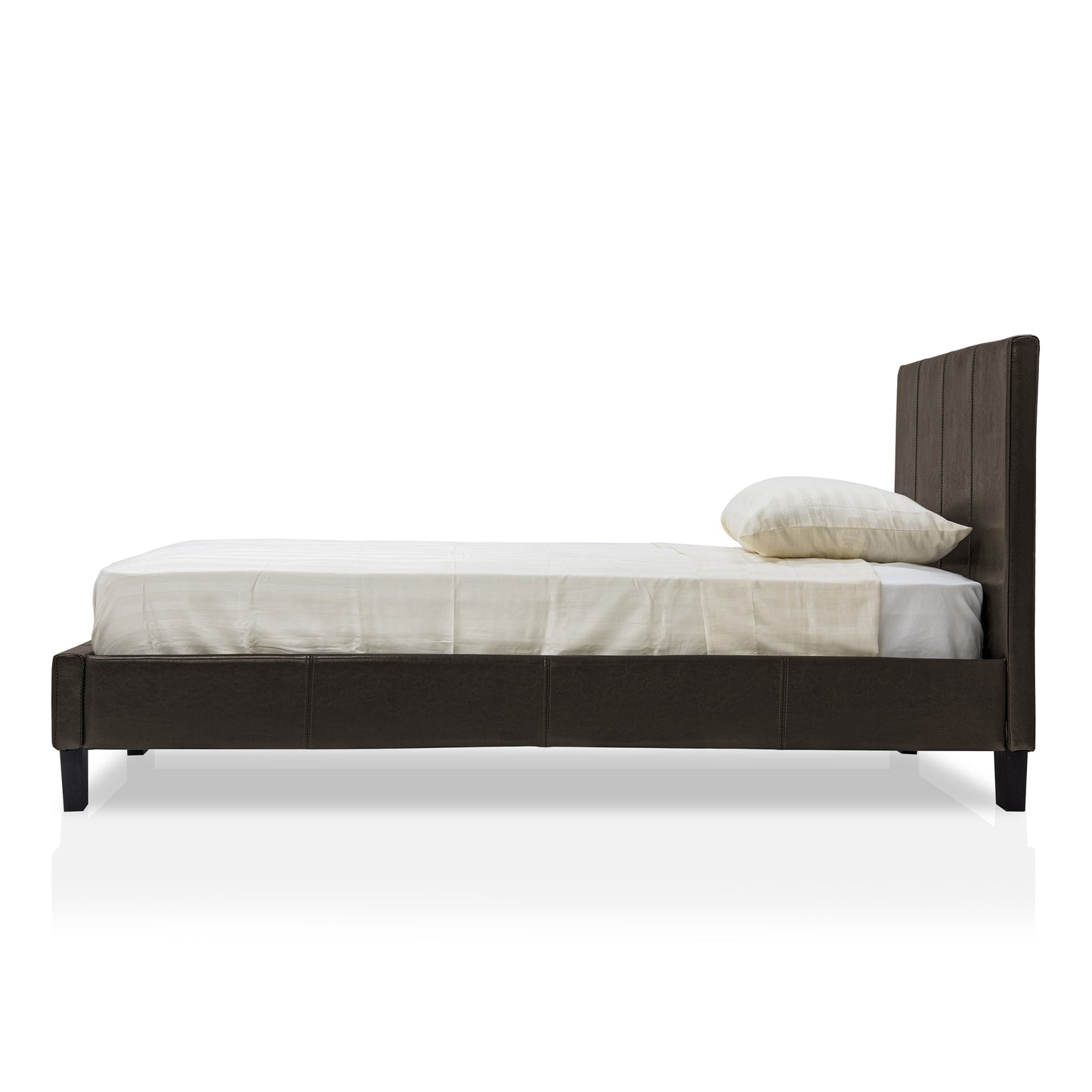 Front-facing side view of a contemporary espresso faux leather twin platform bed with linens on a white background