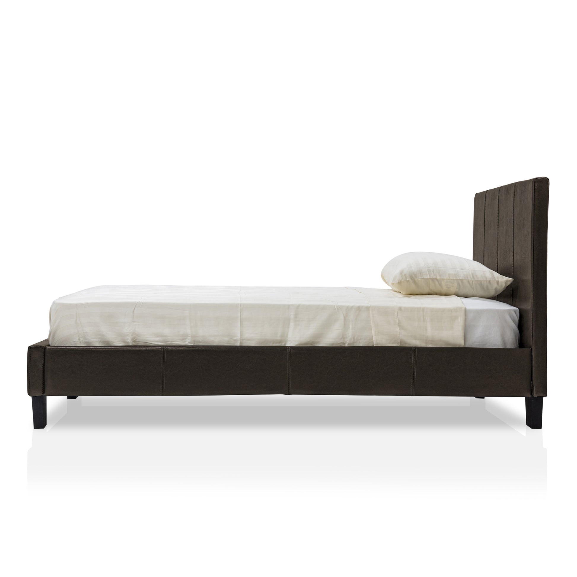 Front-facing side view of a contemporary espresso faux leather twin platform bed with linens on a white background