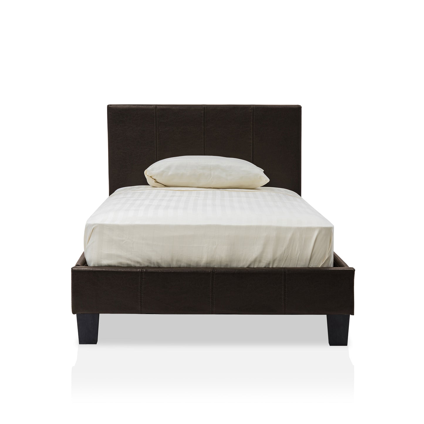 Front-facing contemporary espresso faux leather twin platform bed with linens on a white background