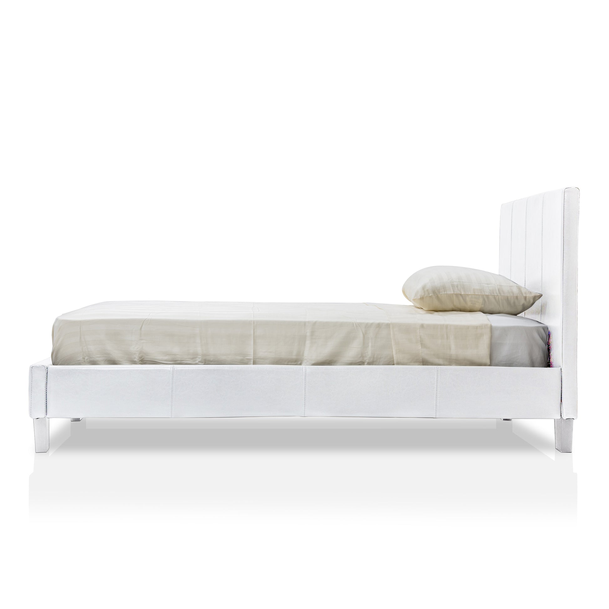 Front-facing side view of a contemporary white faux leather full platform bed with linens on a white background