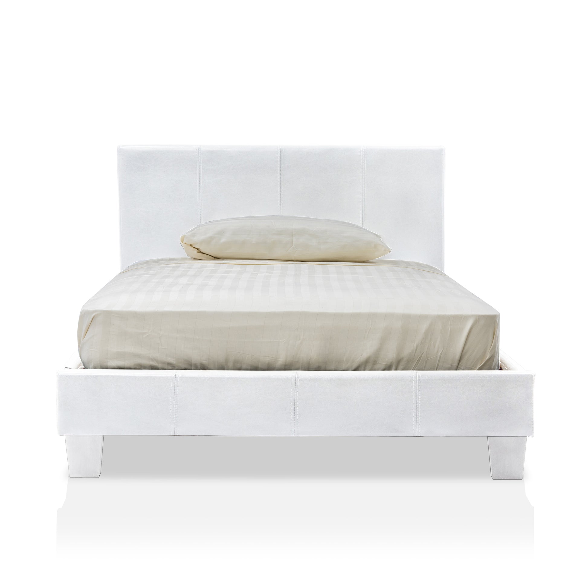 Front-facing contemporary white faux leather full platform bed with linens on a white background