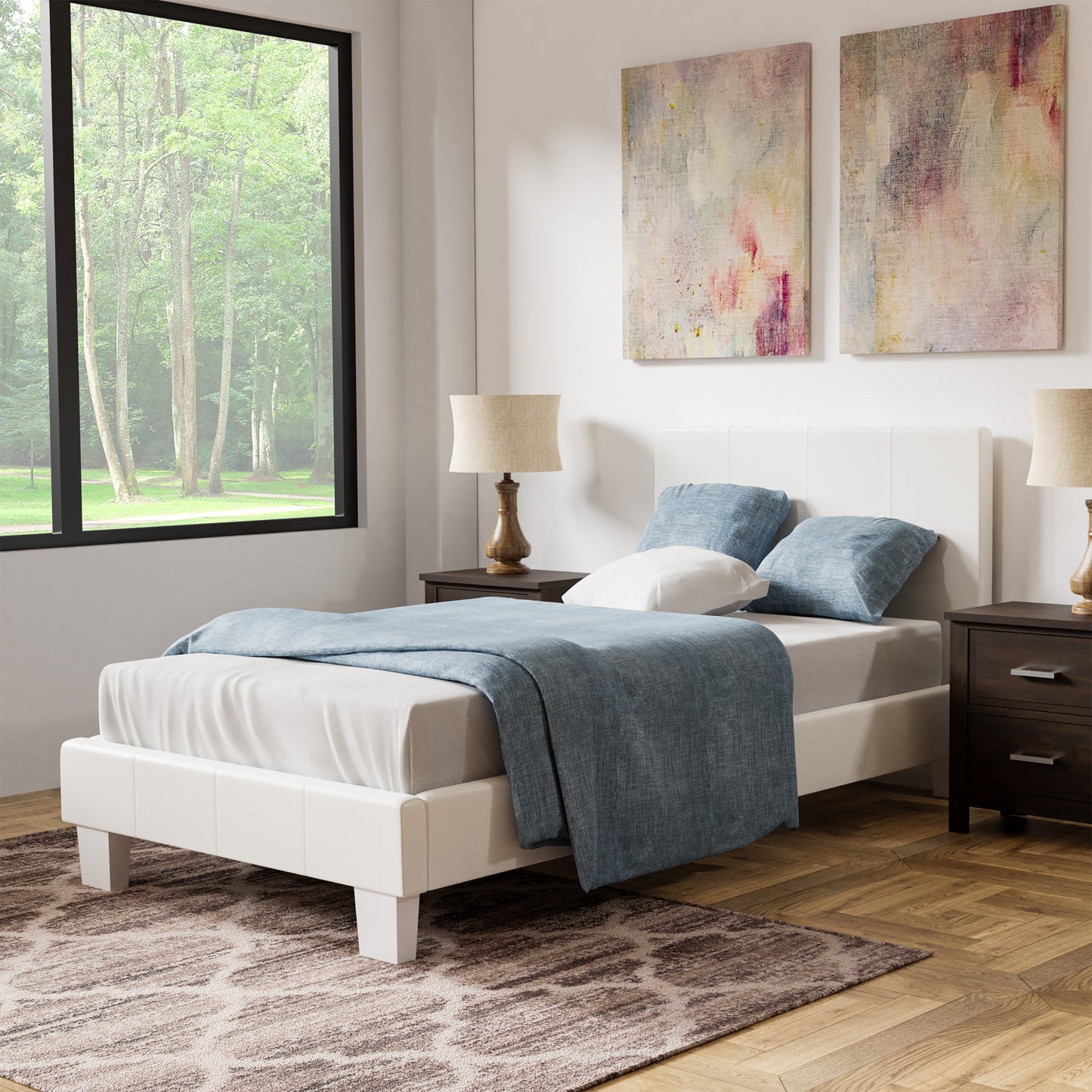Left angled contemporary white faux leather twin platform bed in a bedroom with accessories