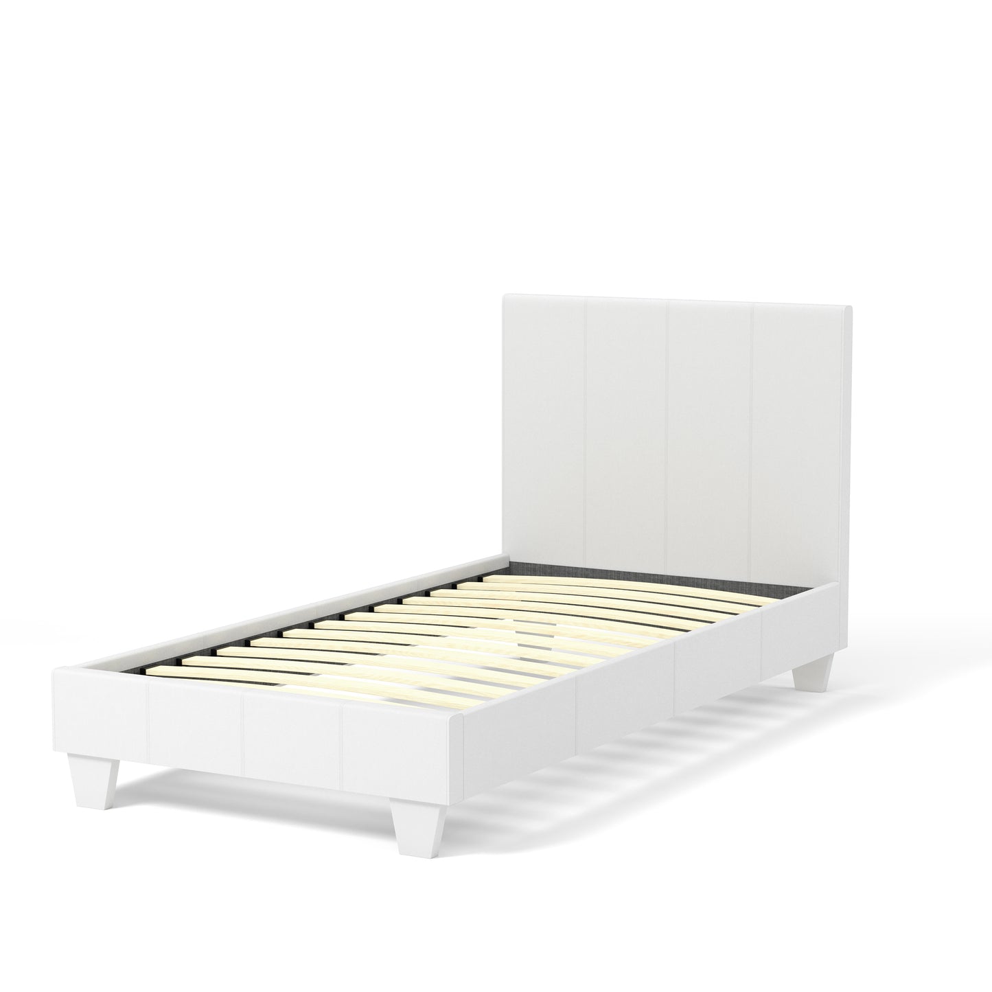Left angled contemporary white faux leather twin platform bed on a white background