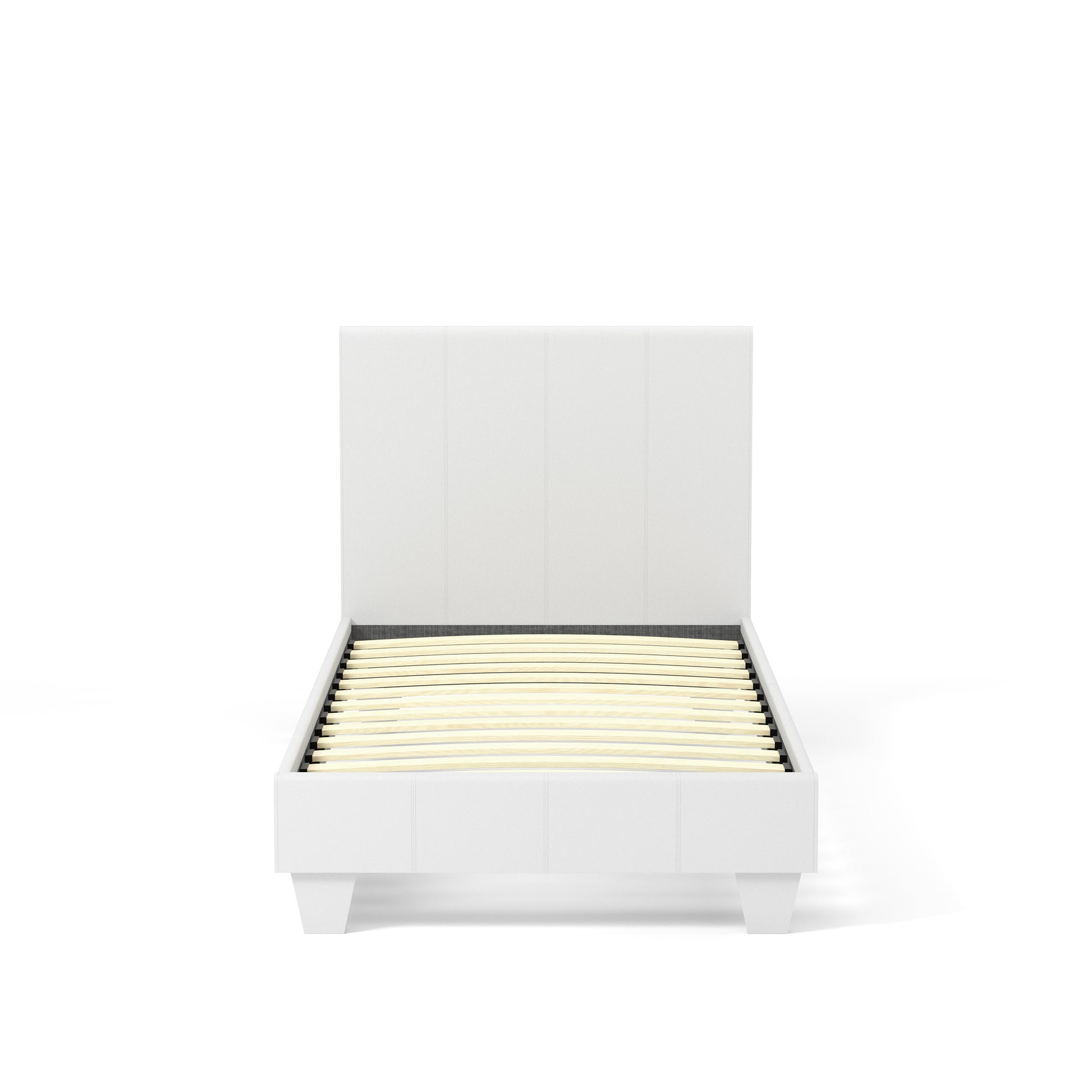 Front-facing contemporary white faux leather twin platform bed on a white background