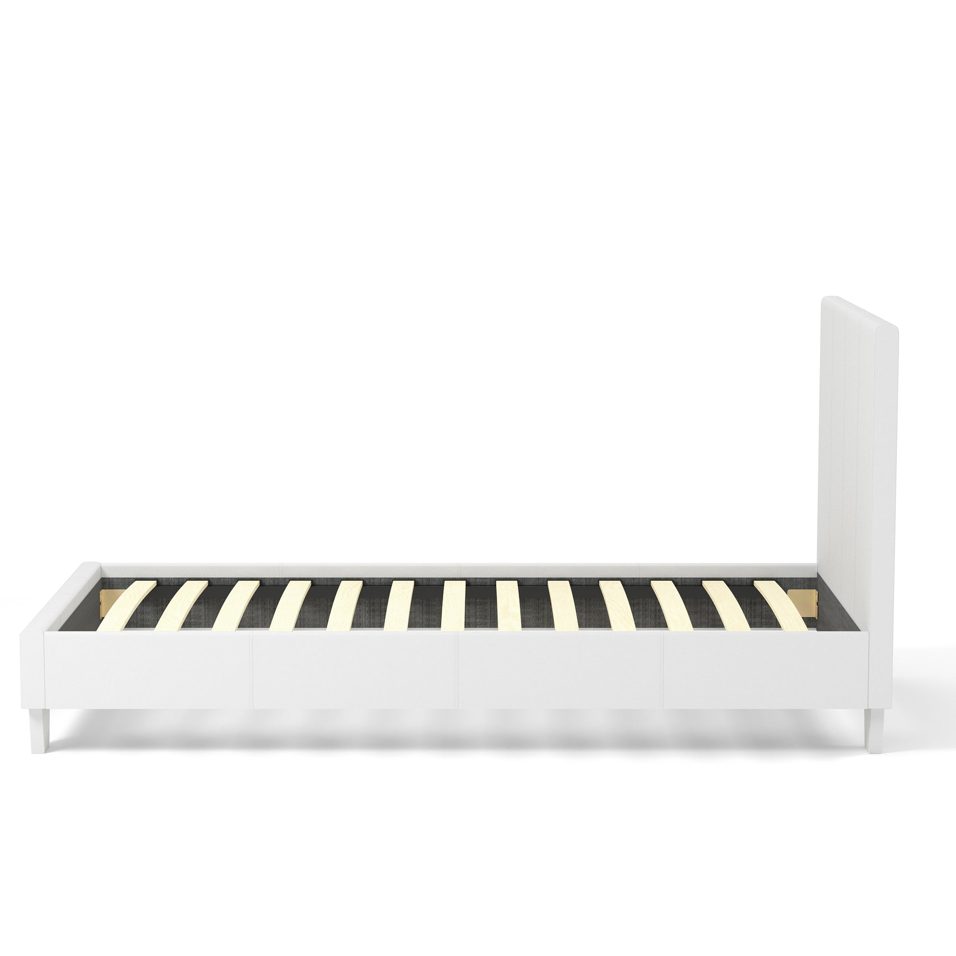 Front-facing side view of a contemporary white faux leather twin platform bed on a white background